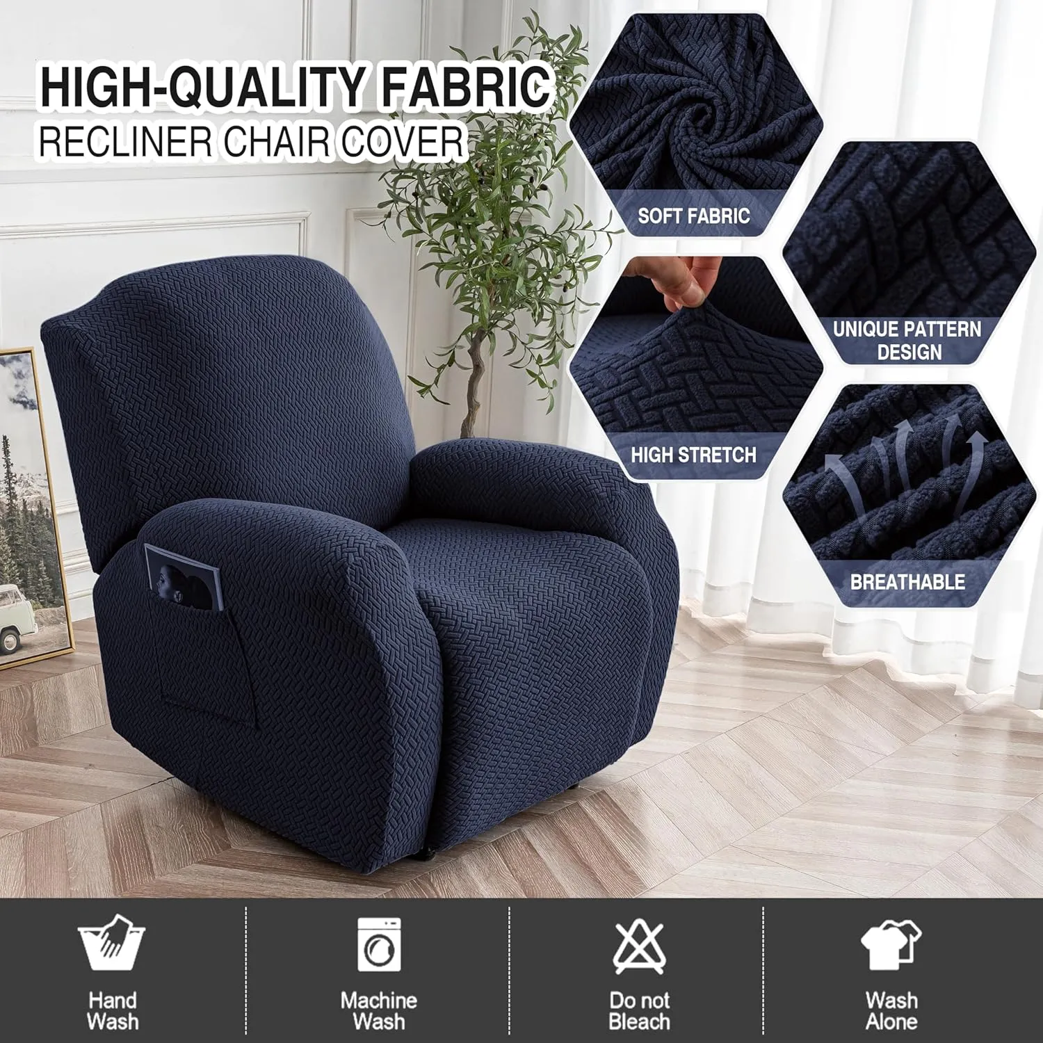 Genina Recliner Chair Covers, Stretch Reclining Chair Cover, Recliner Sofa Slipcovers Stripe Jacquard Lazy Couch Covers Furniture Protector Covers for Pet Kid (Navy Blue, 1 Seat)