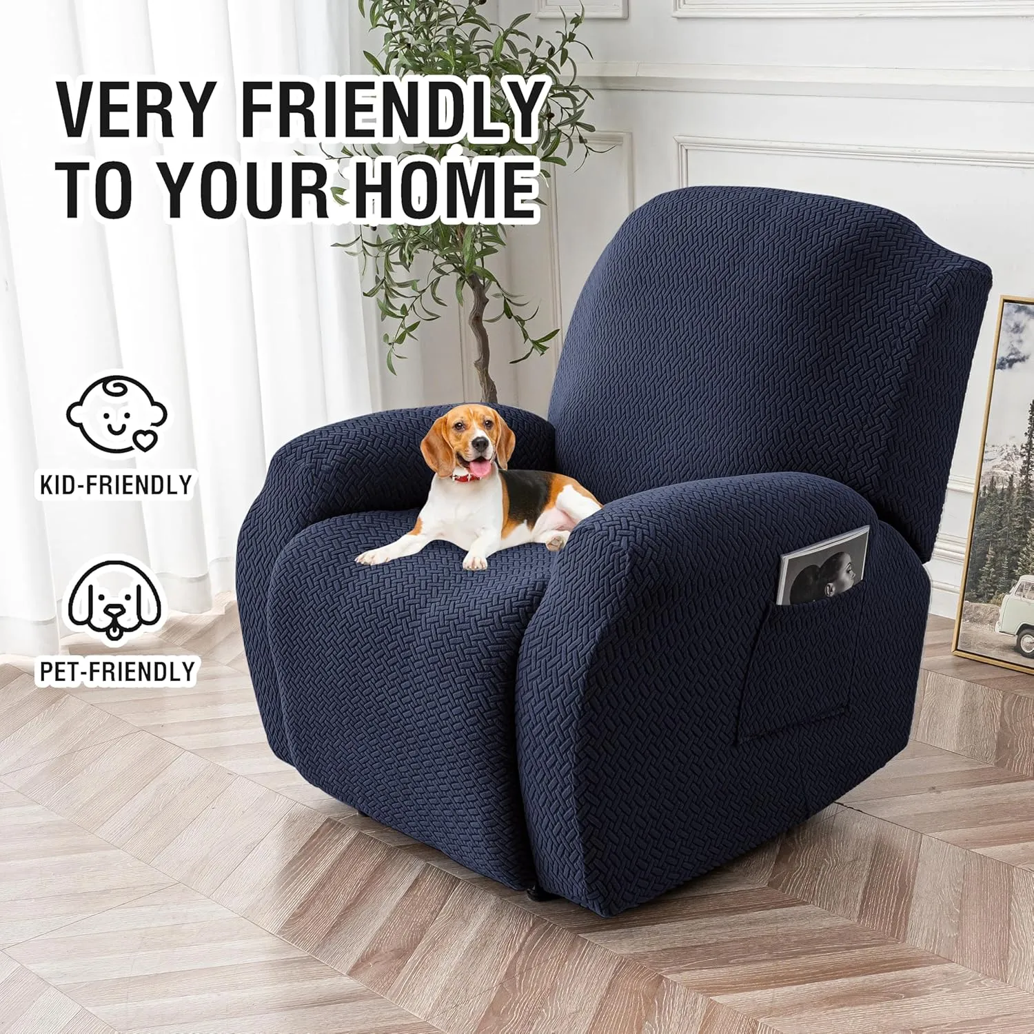 Genina Recliner Chair Covers, Stretch Reclining Chair Cover, Recliner Sofa Slipcovers Stripe Jacquard Lazy Couch Covers Furniture Protector Covers for Pet Kid (Navy Blue, 1 Seat)