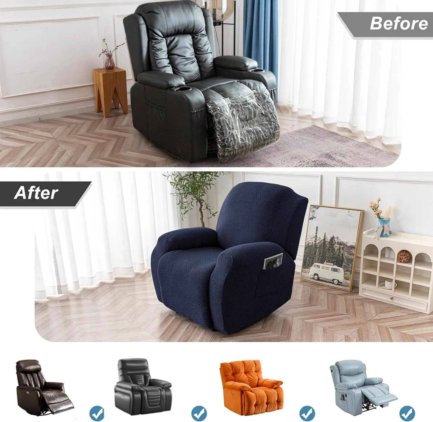 Genina Recliner Chair Covers, Stretch Reclining Chair Cover, Recliner Sofa Slipcovers Stripe Jacquard Lazy Couch Covers Furniture Protector Covers for Pet Kid (Navy Blue, 1 Seat)