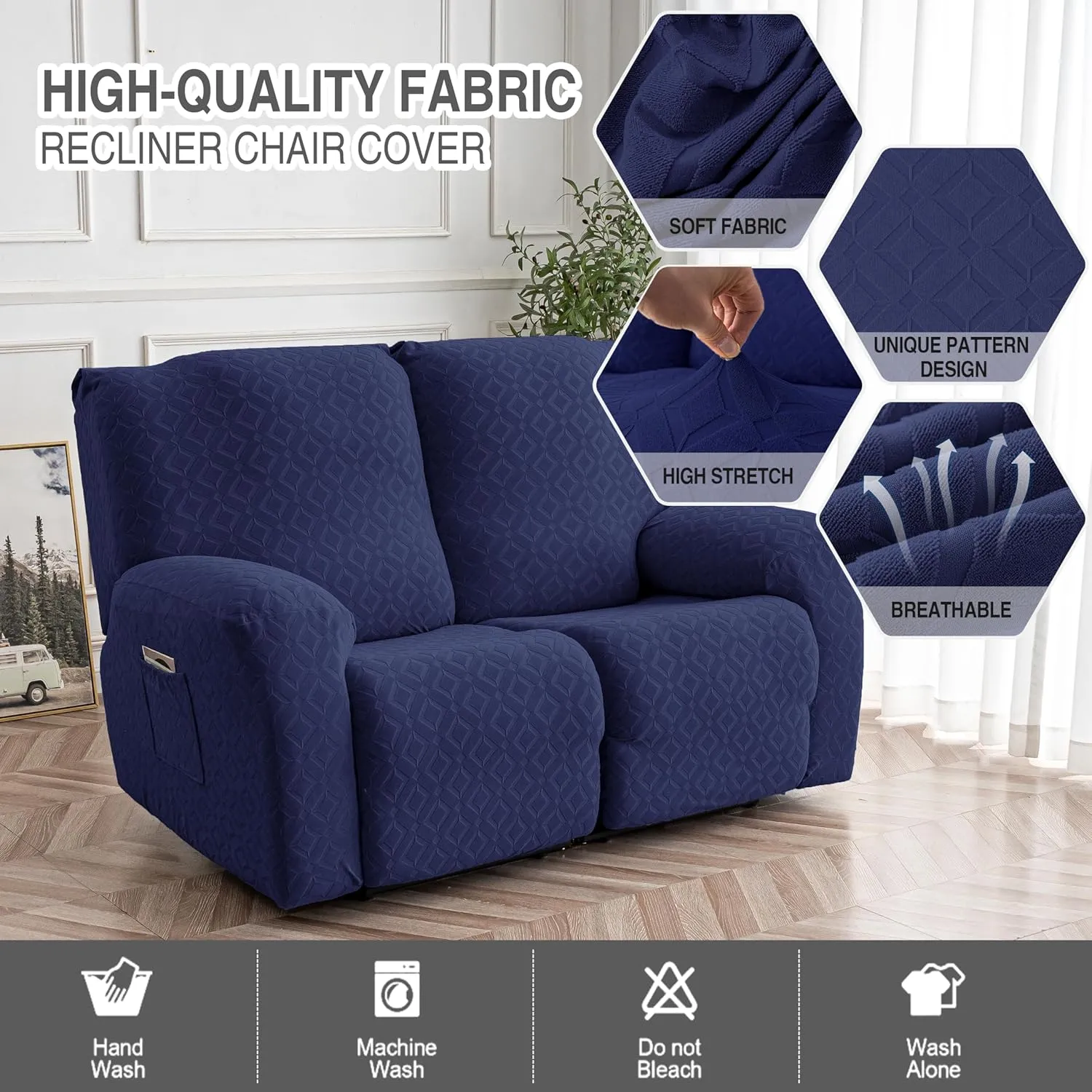 Gennia Waterproof Recliner Loveseat Cover,Stretch Reclining Sofa Covers with Pockets,Washable Lazy Boy Recliner Slipcovers,Leakproof Couch Protector for Kids, Pets, Dog and Cat (2 Seat, Navy Blue)