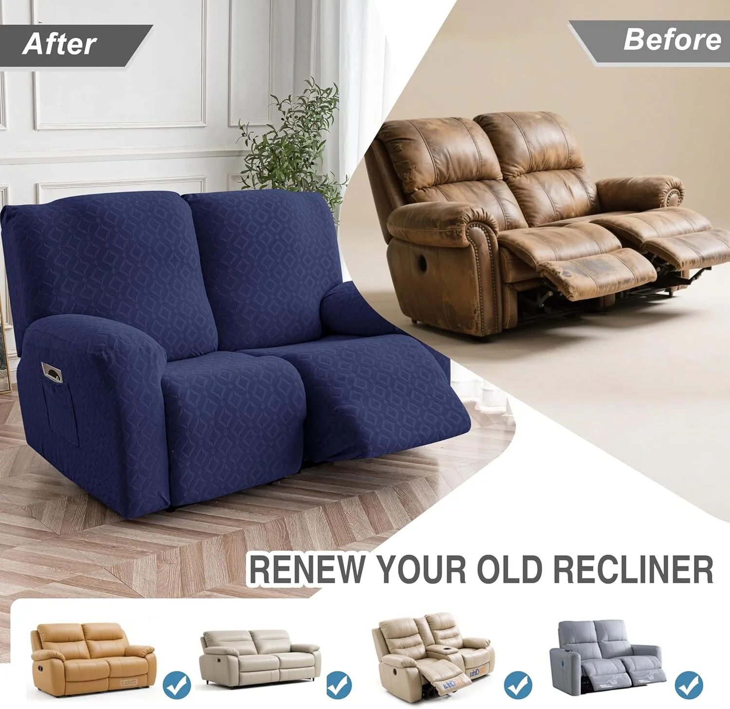 Gennia Waterproof Recliner Loveseat Cover,Stretch Reclining Sofa Covers with Pockets,Washable Lazy Boy Recliner Slipcovers,Leakproof Couch Protector for Kids, Pets, Dog and Cat (2 Seat, Navy Blue)