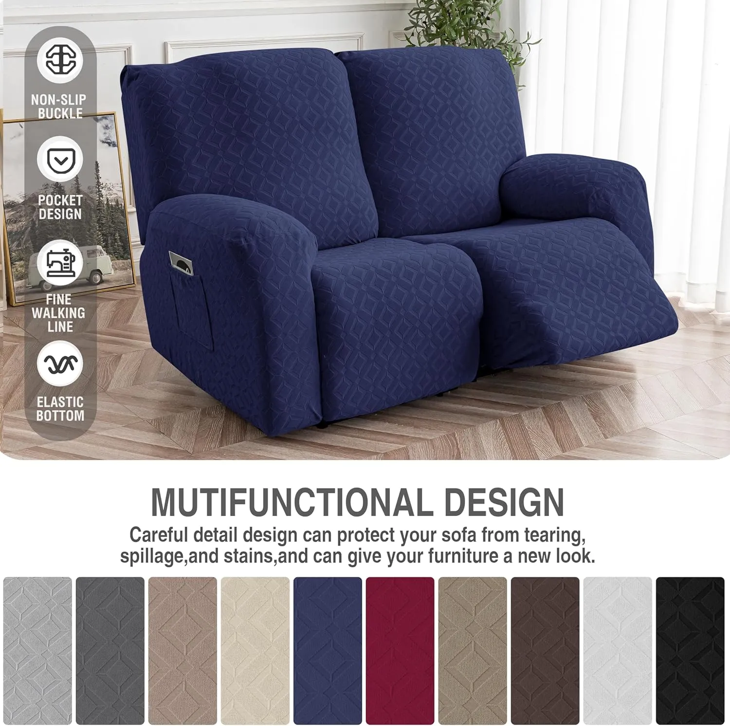 Gennia Waterproof Recliner Loveseat Cover,Stretch Reclining Sofa Covers with Pockets,Washable Lazy Boy Recliner Slipcovers,Leakproof Couch Protector for Kids, Pets, Dog and Cat (2 Seat, Navy Blue)