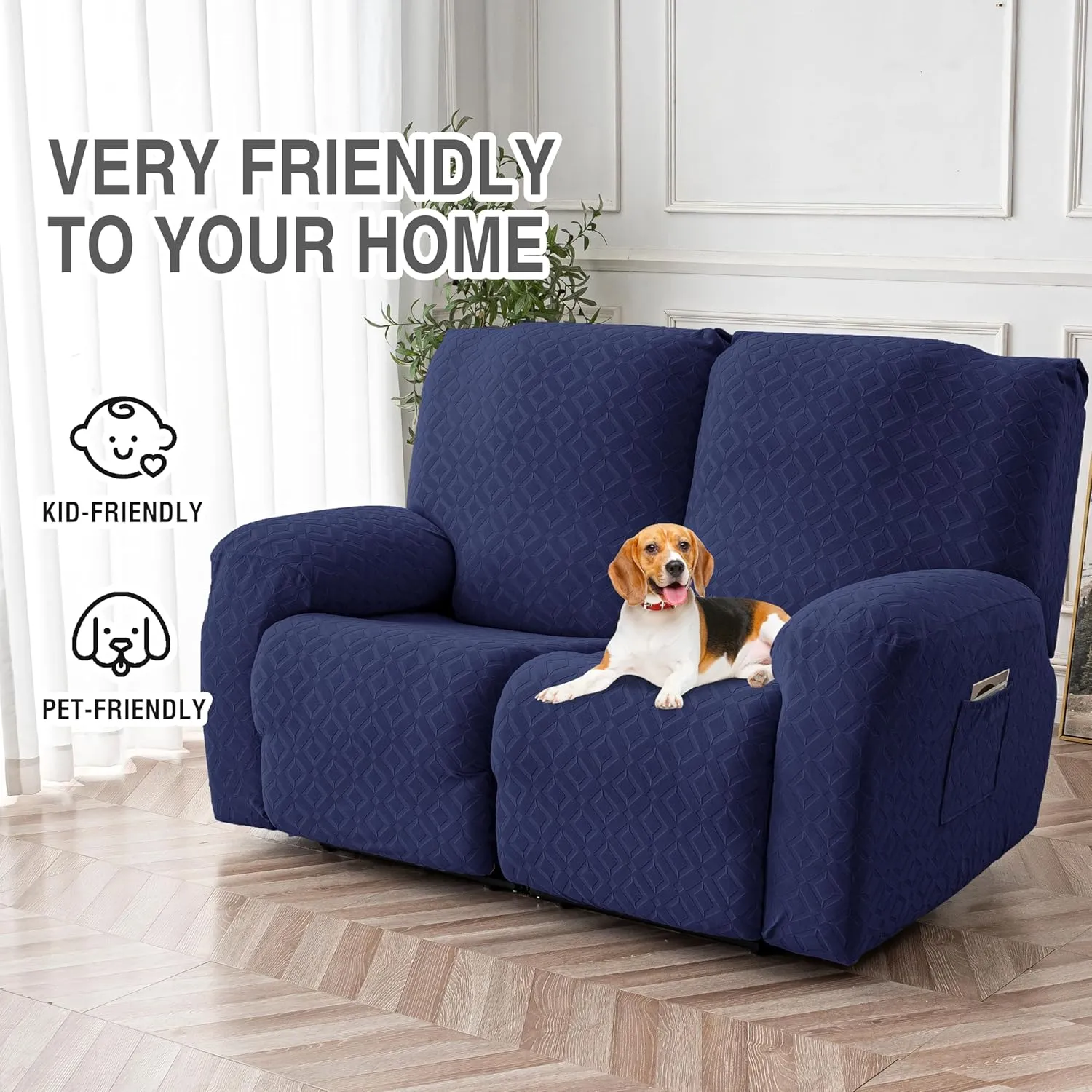 Gennia Waterproof Recliner Loveseat Cover,Stretch Reclining Sofa Covers with Pockets,Washable Lazy Boy Recliner Slipcovers,Leakproof Couch Protector for Kids, Pets, Dog and Cat (2 Seat, Navy Blue)