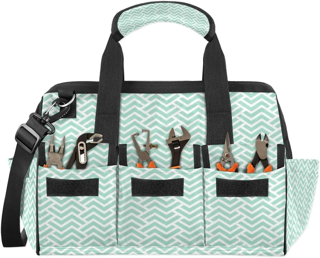 Geometric Stripes Turquoise Tool Bags 14.8 Inch Wide Mouth Tool Tote Bag with Handle and Adjustable Shoulder Strap Heavy Duty Tool Bag for Plumbers Electricians Handymen
