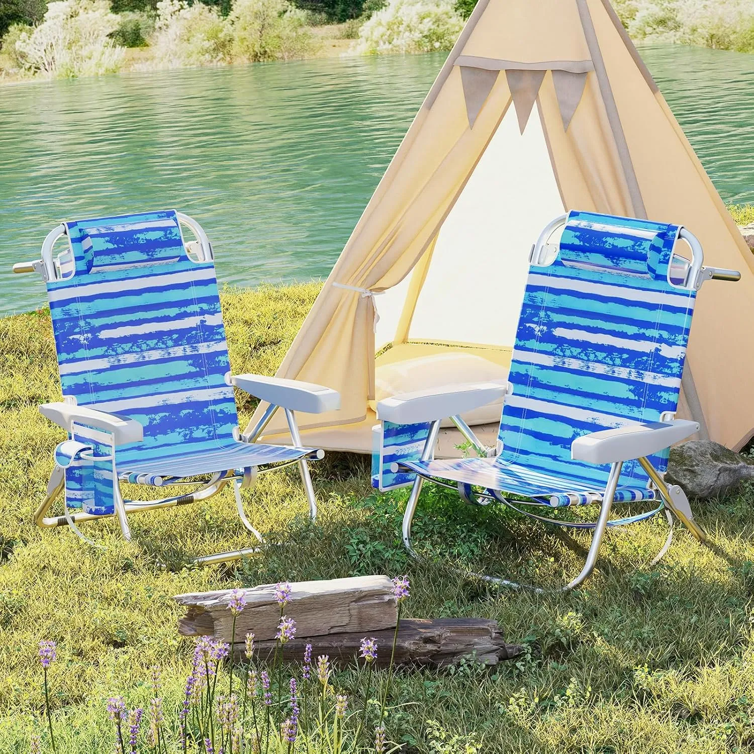 Giantex 2-Pack Backpack Beach Chair - Foldable Camping Chair with 5 Adjustable Position, Cup Holder, Storage Pockets, Straps, Towel Rack, Pillow, Lay Flat Lawn Chair for Patio Outdoor (2,Blue Stripe)