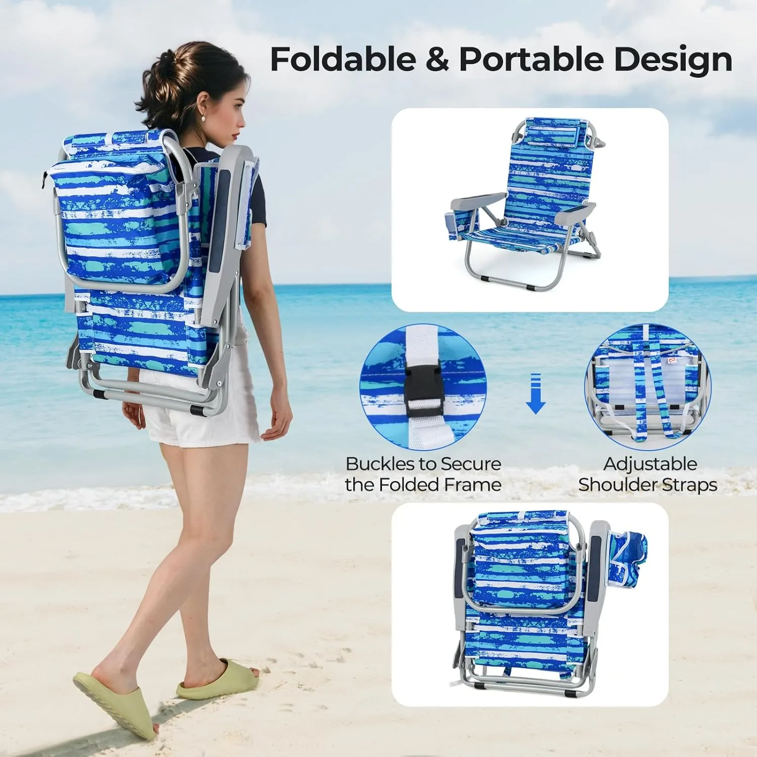 Giantex 2-Pack Backpack Beach Chair - Foldable Camping Chair with 5 Adjustable Position, Cup Holder, Storage Pockets, Straps, Towel Rack, Pillow, Lay Flat Lawn Chair for Patio Outdoor (2,Blue Stripe)