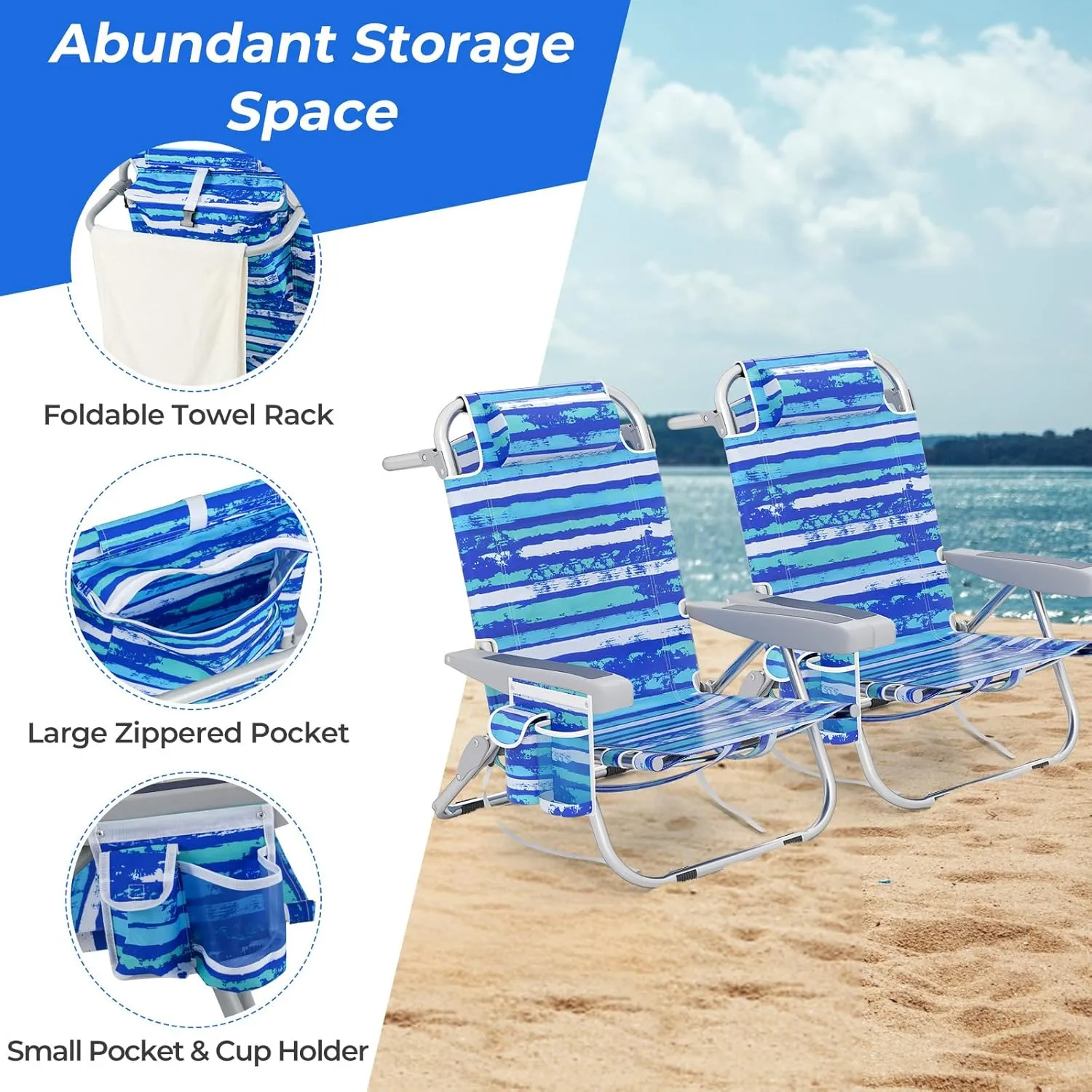Giantex 2-Pack Backpack Beach Chair - Foldable Camping Chair with 5 Adjustable Position, Cup Holder, Storage Pockets, Straps, Towel Rack, Pillow, Lay Flat Lawn Chair for Patio Outdoor (2,Blue Stripe)