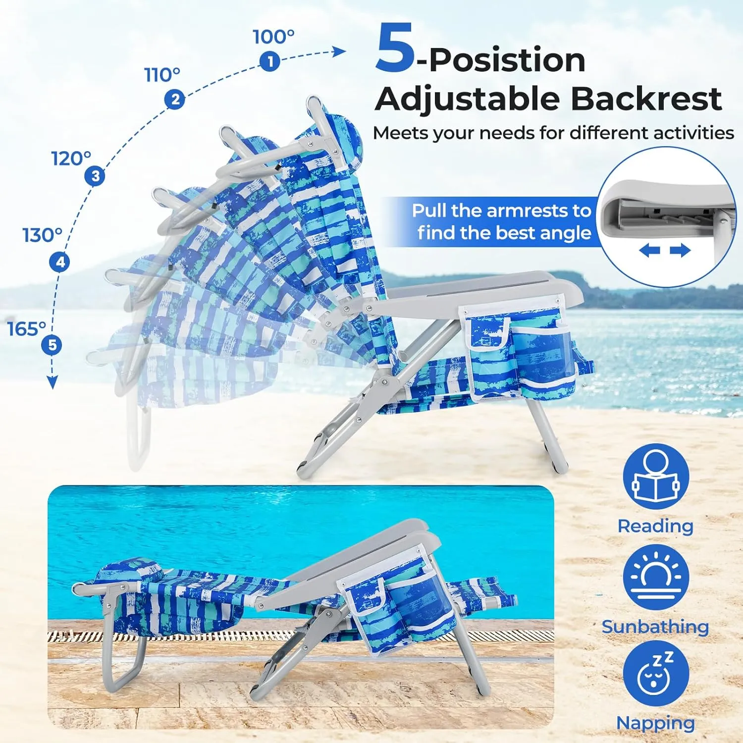 Giantex 2-Pack Backpack Beach Chair - Foldable Camping Chair with 5 Adjustable Position, Cup Holder, Storage Pockets, Straps, Towel Rack, Pillow, Lay Flat Lawn Chair for Patio Outdoor (2,Blue Stripe)