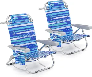 Giantex 2-Pack Backpack Beach Chair - Foldable Camping Chair with 5 Adjustable Position, Cup Holder, Storage Pockets, Straps, Towel Rack, Pillow, Lay Flat Lawn Chair for Patio Outdoor (2,Blue Stripe)