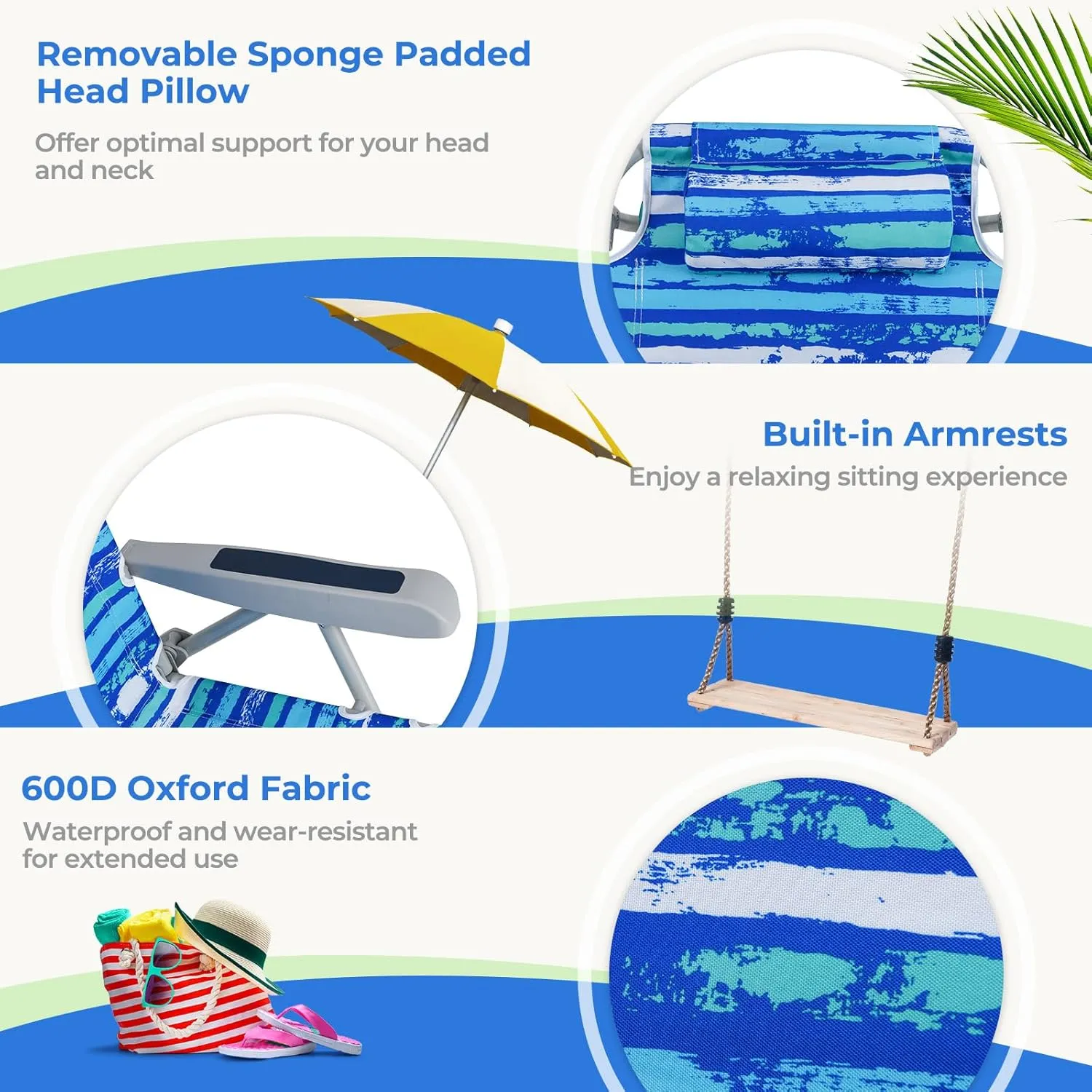 Giantex 2-Pack Backpack Beach Chair - Foldable Camping Chair with 5 Adjustable Position, Cup Holder, Storage Pockets, Straps, Towel Rack, Pillow, Lay Flat Lawn Chair for Patio Outdoor (2,Blue Stripe)