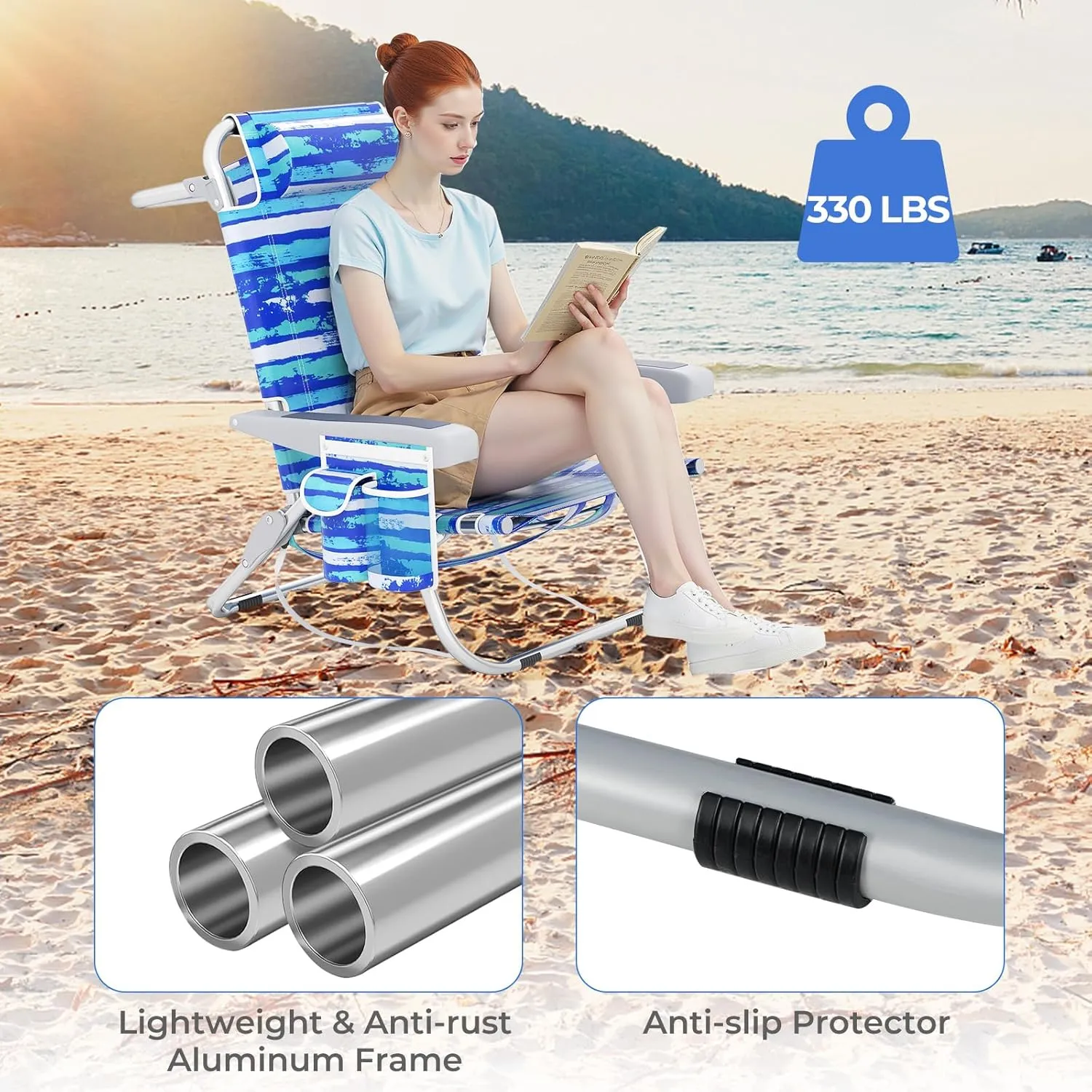 Giantex 2-Pack Backpack Beach Chair - Foldable Camping Chair with 5 Adjustable Position, Cup Holder, Storage Pockets, Straps, Towel Rack, Pillow, Lay Flat Lawn Chair for Patio Outdoor (2,Blue Stripe)