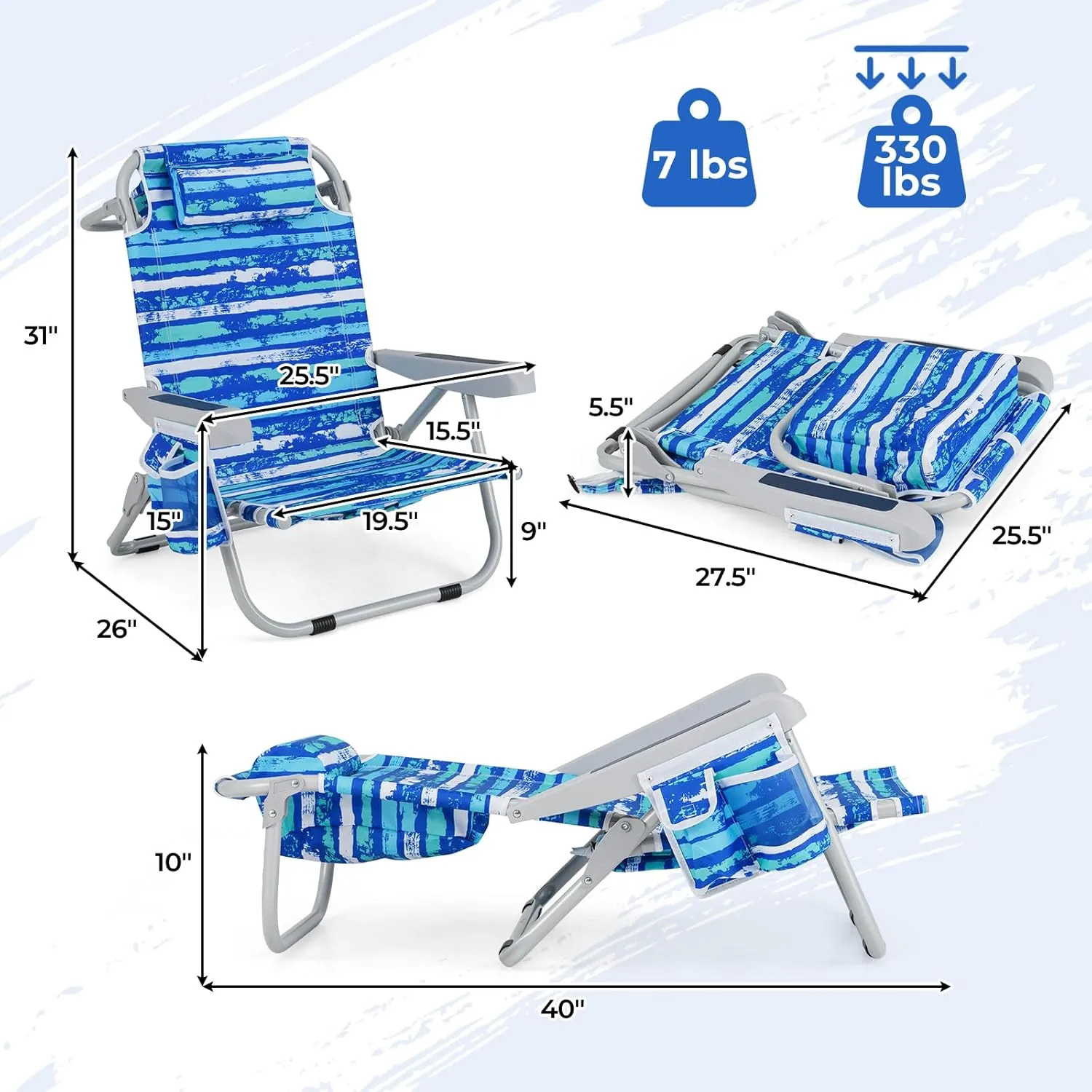 Giantex 2-Pack Backpack Beach Chair - Foldable Camping Chair with 5 Adjustable Position, Cup Holder, Storage Pockets, Straps, Towel Rack, Pillow, Lay Flat Lawn Chair for Patio Outdoor (2,Blue Stripe)