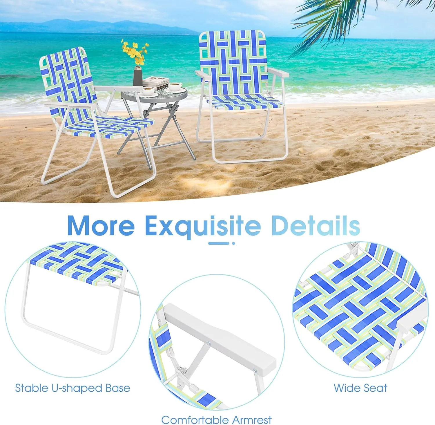 Giantex Beach Chairs Set of 6, Patio Folding Lawn Chairs for Adults, Outdoor Webbing Chair w/Steel Frame, Lightweight & Portable Camping Chairs for Fishing, Yard, Garden, Poolside Webbed Chairs, Blue