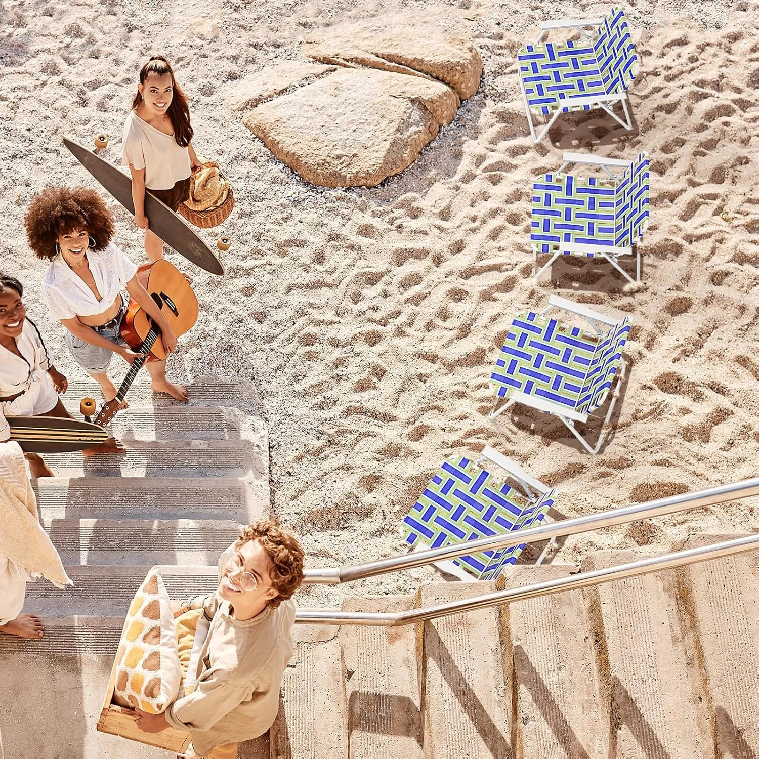 Giantex Beach Chairs Set of 6, Patio Folding Lawn Chairs for Adults, Outdoor Webbing Chair w/Steel Frame, Lightweight & Portable Camping Chairs for Fishing, Yard, Garden, Poolside Webbed Chairs, Blue