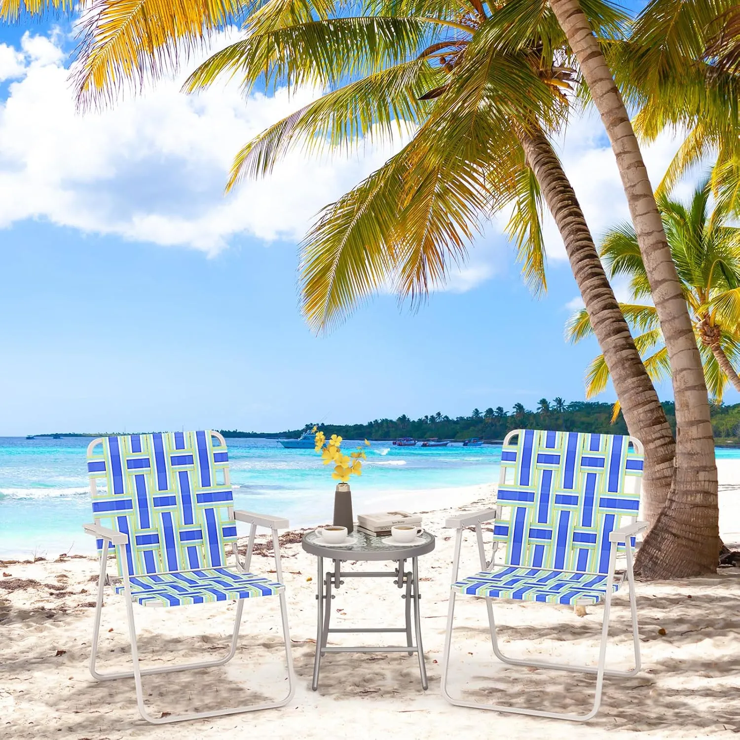 Giantex Beach Chairs Set of 6, Patio Folding Lawn Chairs for Adults, Outdoor Webbing Chair w/Steel Frame, Lightweight & Portable Camping Chairs for Fishing, Yard, Garden, Poolside Webbed Chairs, Blue