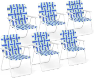 Giantex Beach Chairs Set of 6, Patio Folding Lawn Chairs for Adults, Outdoor Webbing Chair w/Steel Frame, Lightweight & Portable Camping Chairs for Fishing, Yard, Garden, Poolside Webbed Chairs, Blue