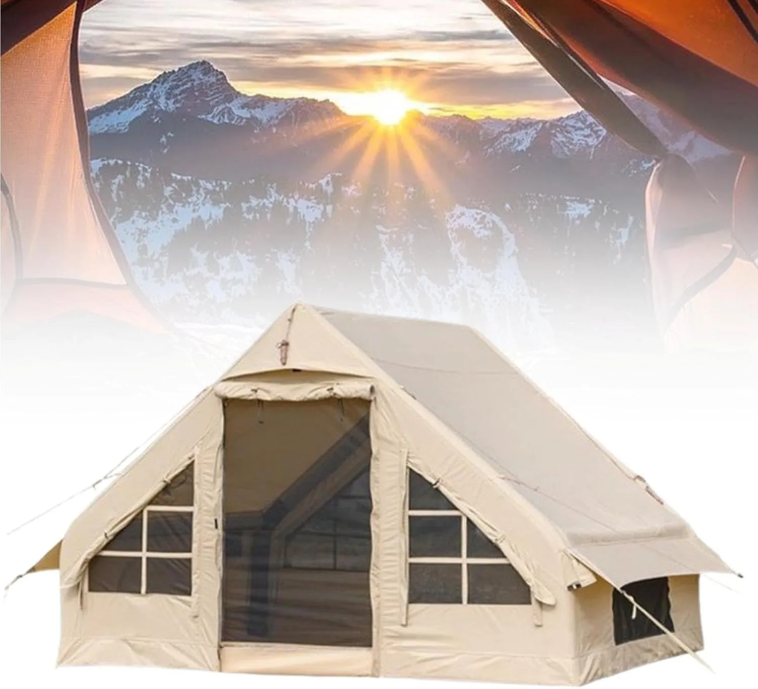 Glamping Tent 4 Seasons Tent House-Shaped Structure Oxford Cabin Tent Camping Waterproof Tent Double-Layer Tent Door One Person Can Install It In 10 Minutes