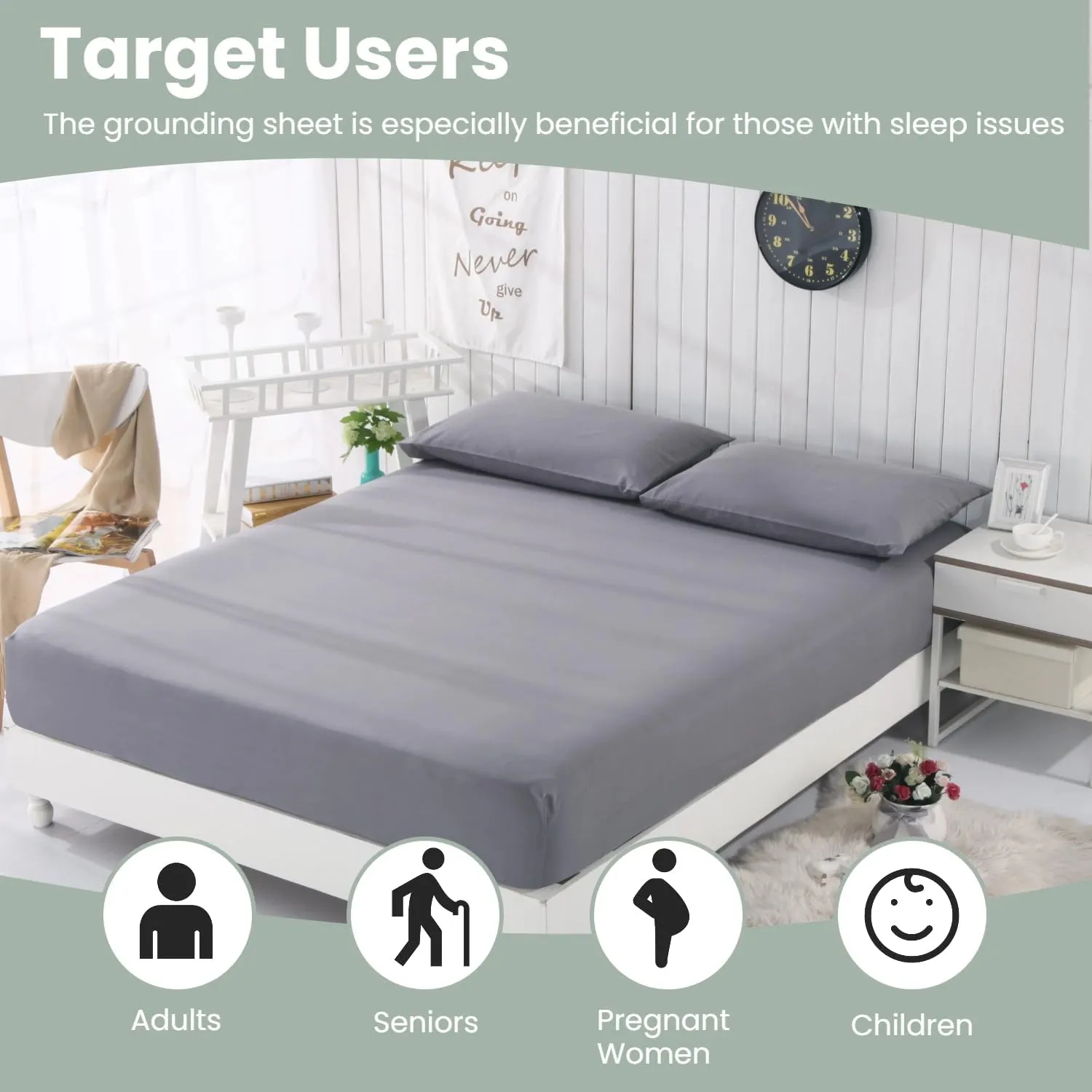GLUYOHEY Grounding Sheets, 15" Deep Pockets, Full Size Fitted Sheet with Grounding Cord, 90% Organic Cotton   10% Silver Fiber, Conductive Bed Sheet for Better Sleep & Wellness, Gray