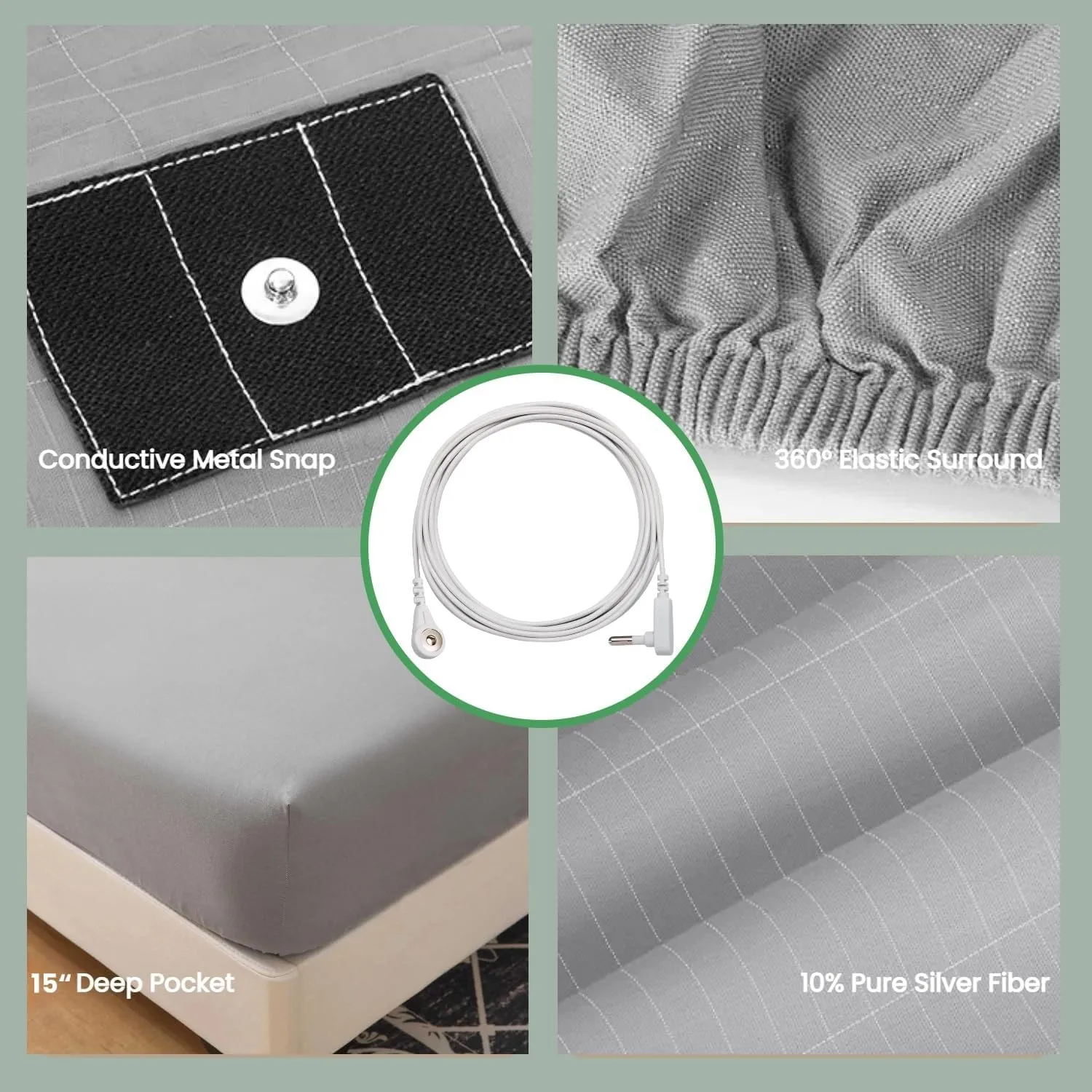 GLUYOHEY Grounding Sheets, 15" Deep Pockets, Full Size Fitted Sheet with Grounding Cord, 90% Organic Cotton   10% Silver Fiber, Conductive Bed Sheet for Better Sleep & Wellness, Gray