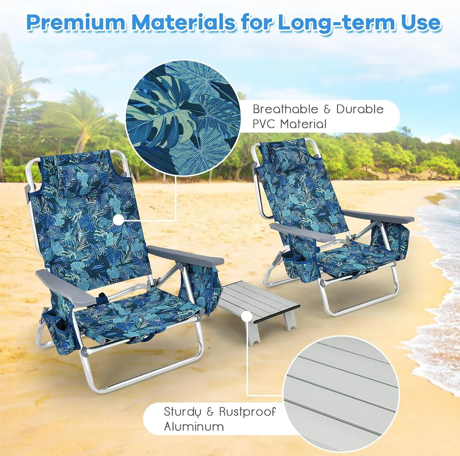 Goplus Beach Chair, Folding Backpack Beach Chairs for Adults with 5 Positions, Head Pillow, Cooler Bag, Towel Bar, Cup Holders, Sunbath Sling Tanning Lounge, Foldable Layout Camping Chairs