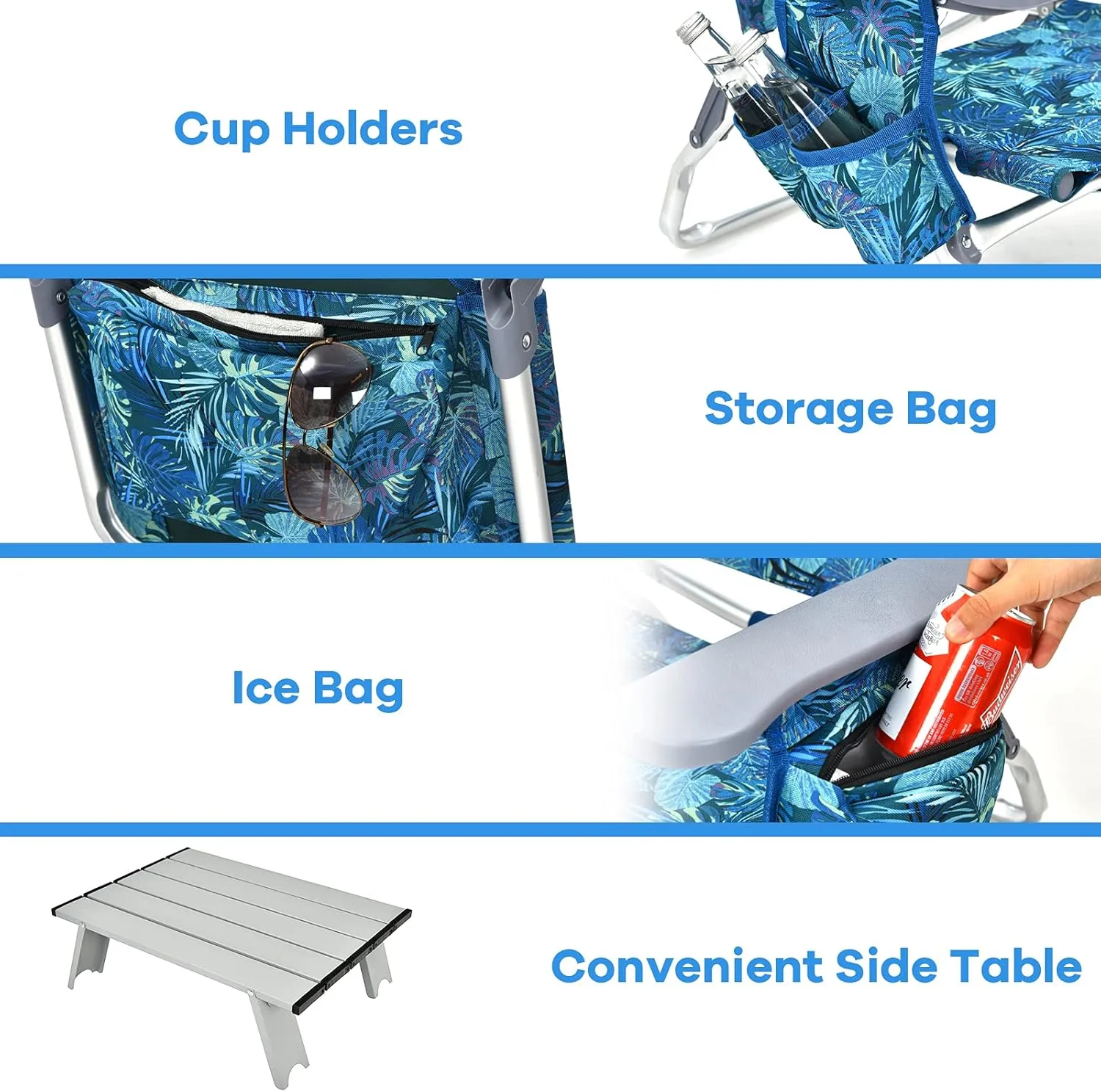 Goplus Beach Chair, Folding Backpack Beach Chairs for Adults with 5 Positions, Head Pillow, Cooler Bag, Towel Bar, Cup Holders, Sunbath Sling Tanning Lounge, Foldable Layout Camping Chairs