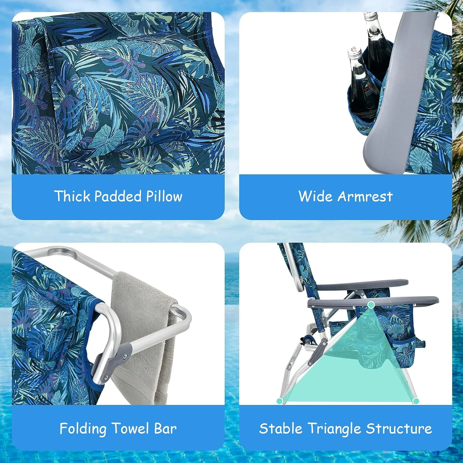 Goplus Beach Chair, Folding Backpack Beach Chairs for Adults with 5 Positions, Head Pillow, Cooler Bag, Towel Bar, Cup Holders, Sunbath Sling Tanning Lounge, Foldable Layout Camping Chairs