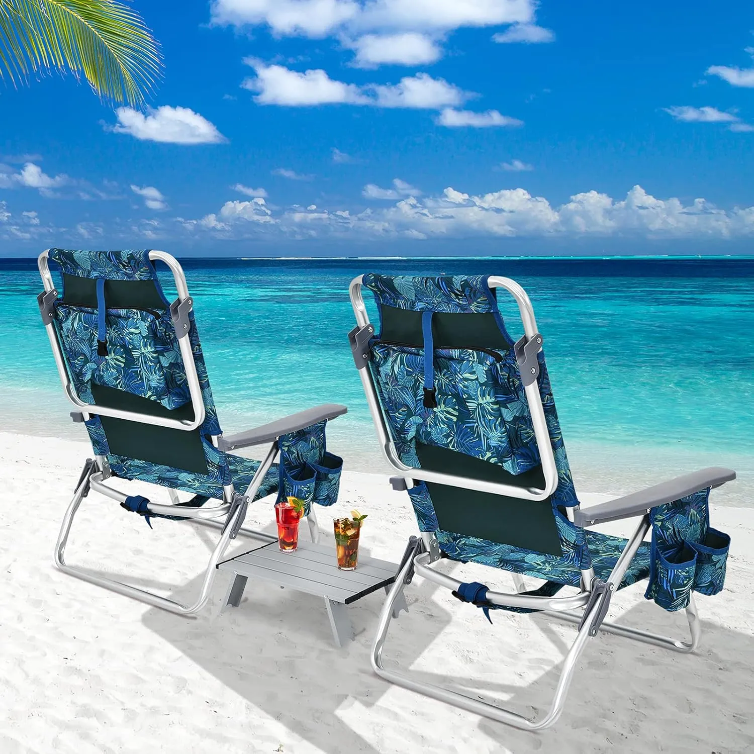Goplus Beach Chair, Folding Backpack Beach Chairs for Adults with 5 Positions, Head Pillow, Cooler Bag, Towel Bar, Cup Holders, Sunbath Sling Tanning Lounge, Foldable Layout Camping Chairs