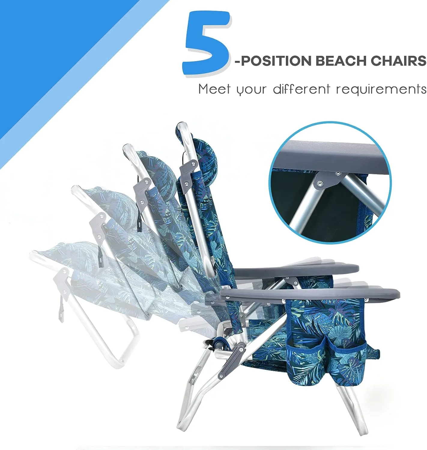 Goplus Beach Chair, Folding Backpack Beach Chairs for Adults with 5 Positions, Head Pillow, Cooler Bag, Towel Bar, Cup Holders, Sunbath Sling Tanning Lounge, Foldable Layout Camping Chairs