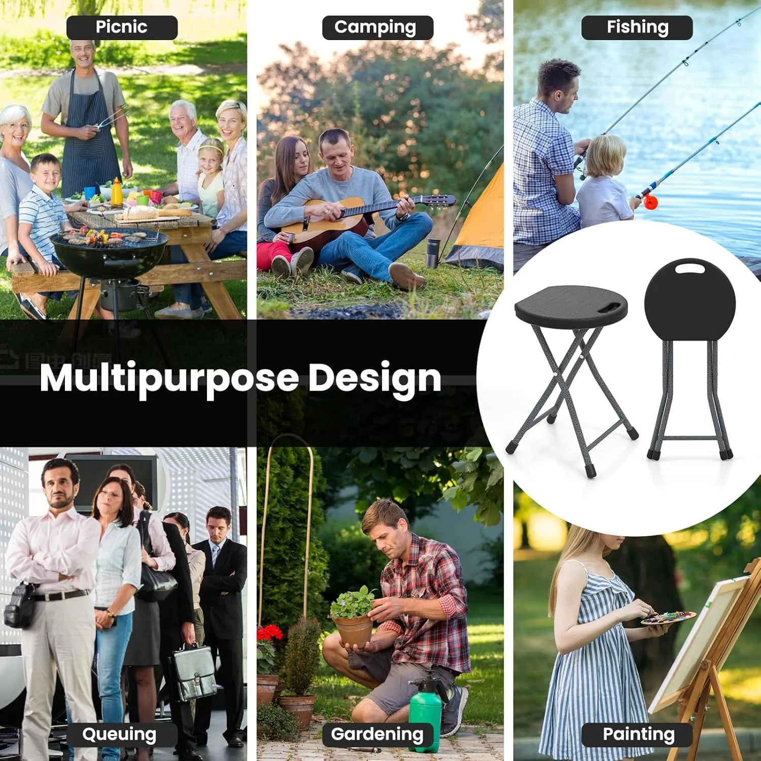 Goplus Folding Stool, 18 inch Foldable Camping Stool for Adults with 440 lb Capacity, Portable Plastic Fold up Stool, Collapsible Round Stool with Handle for Fishing Hiking Gardening BBQ