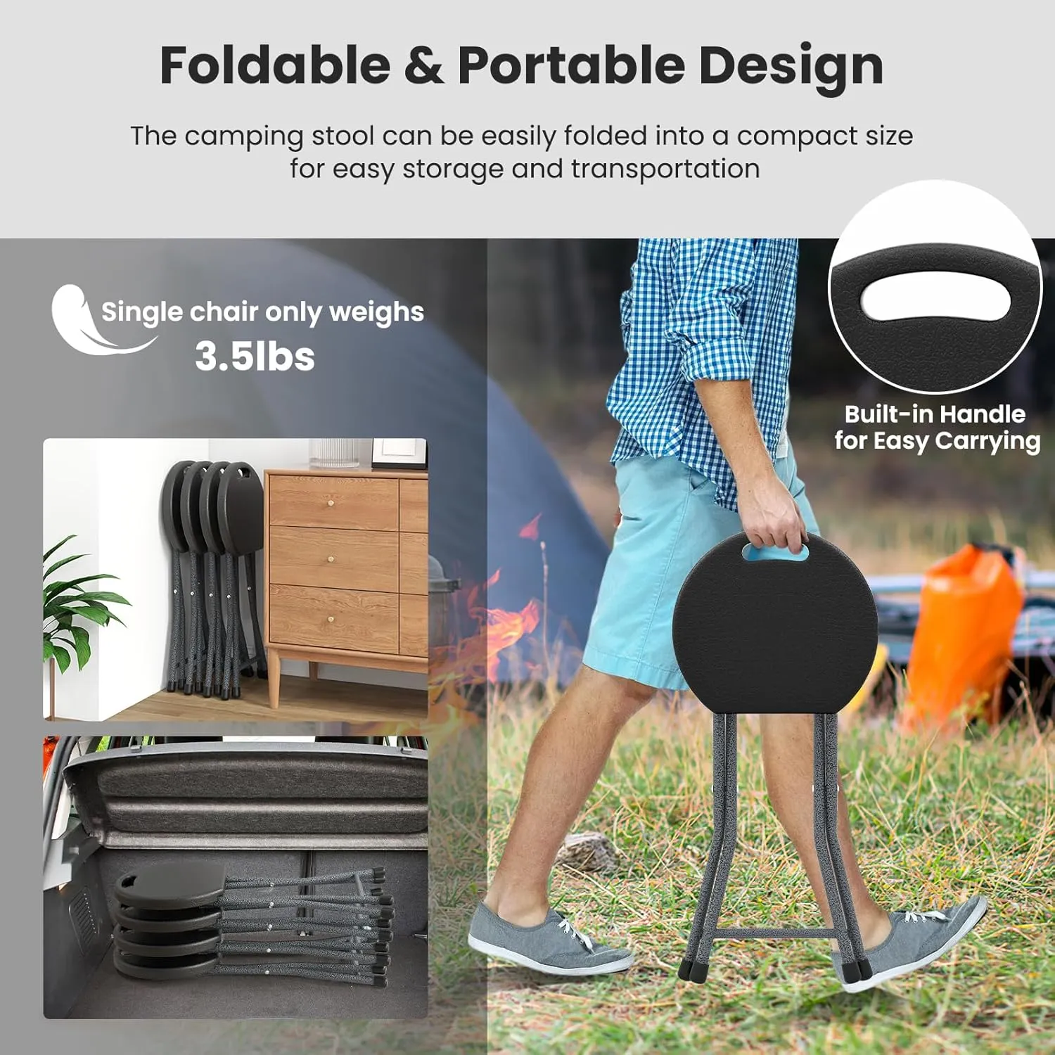 Goplus Folding Stool, 18 inch Foldable Camping Stool for Adults with 440 lb Capacity, Portable Plastic Fold up Stool, Collapsible Round Stool with Handle for Fishing Hiking Gardening BBQ