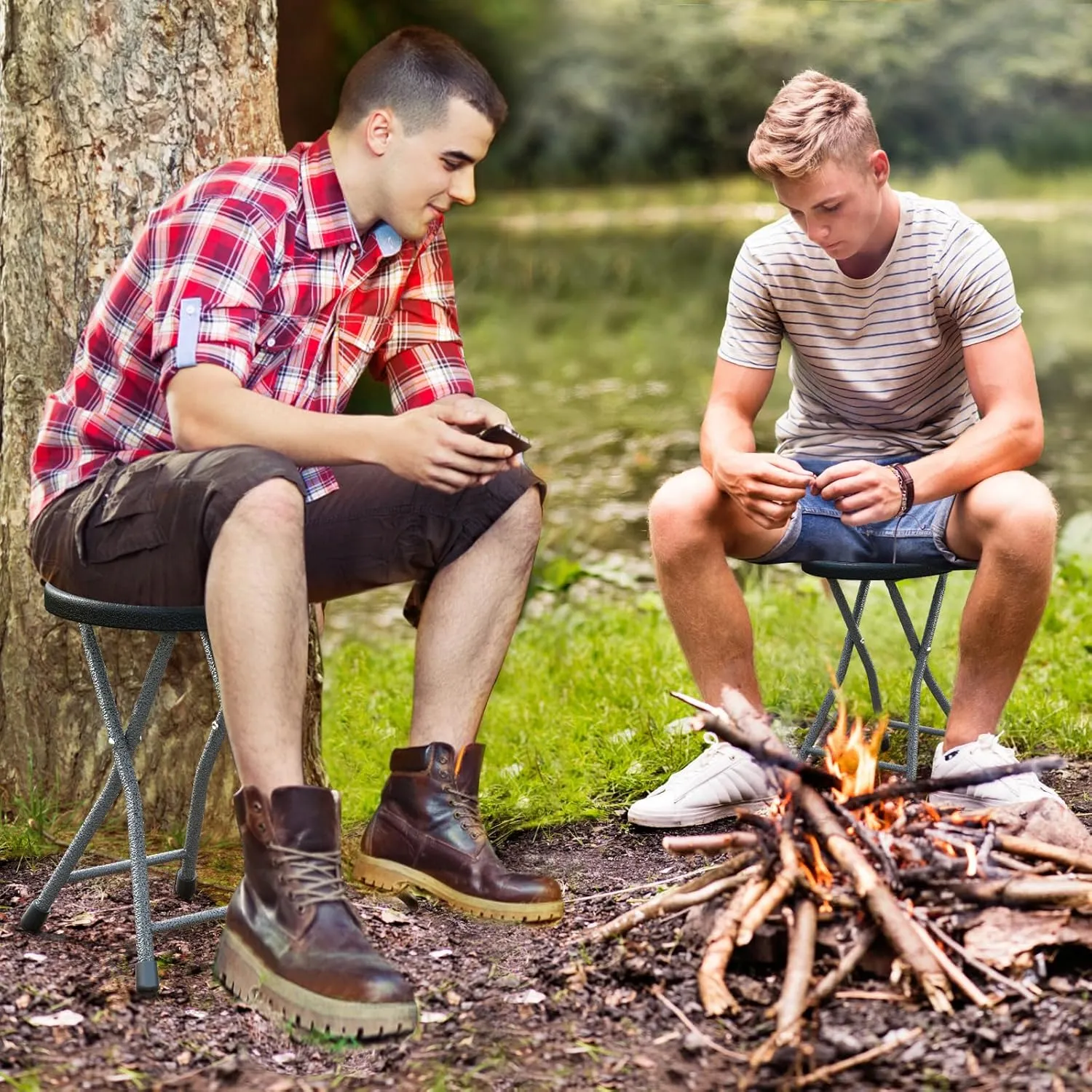 Goplus Folding Stool, 18 inch Foldable Camping Stool for Adults with 440 lb Capacity, Portable Plastic Fold up Stool, Collapsible Round Stool with Handle for Fishing Hiking Gardening BBQ