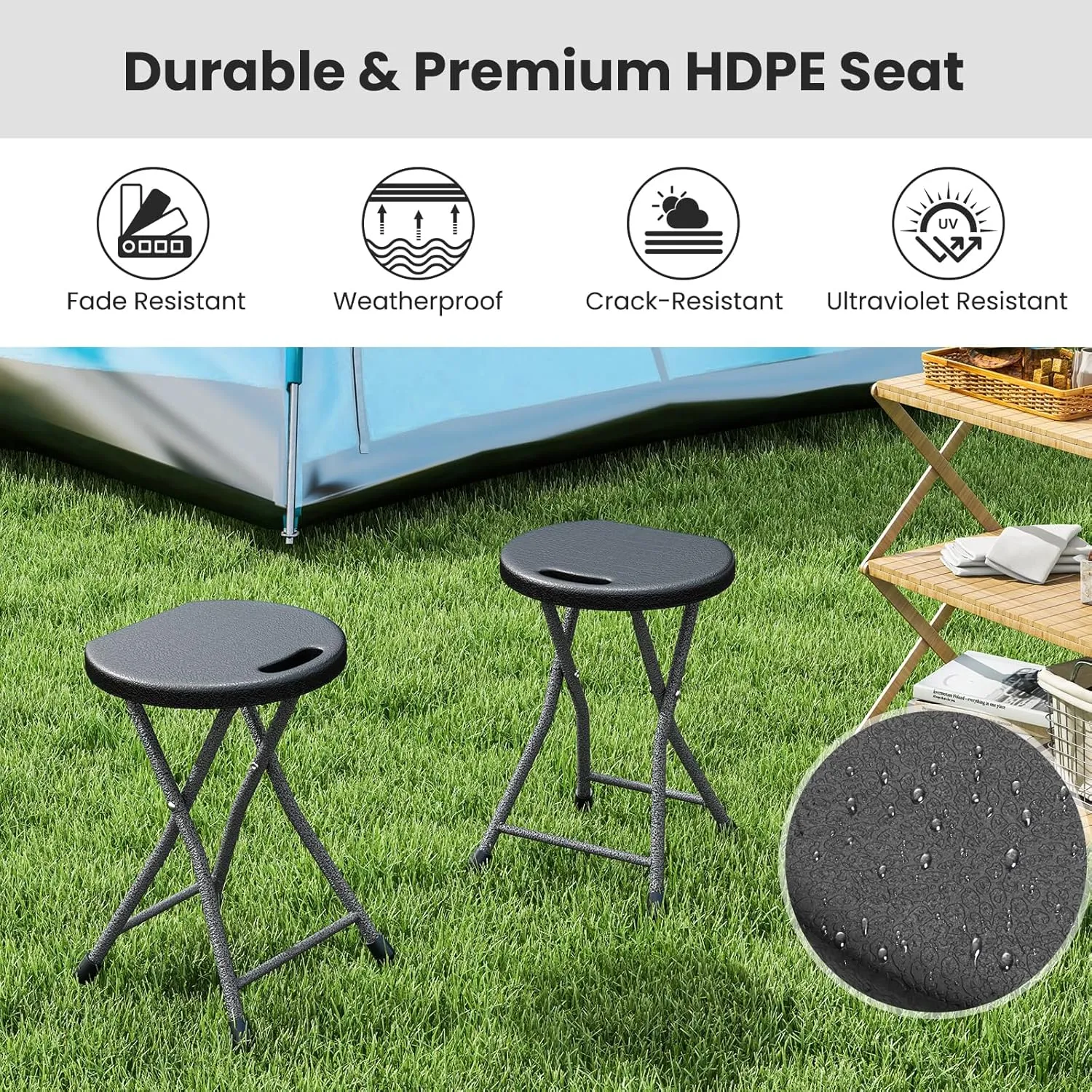 Goplus Folding Stool, 18 inch Foldable Camping Stool for Adults with 440 lb Capacity, Portable Plastic Fold up Stool, Collapsible Round Stool with Handle for Fishing Hiking Gardening BBQ