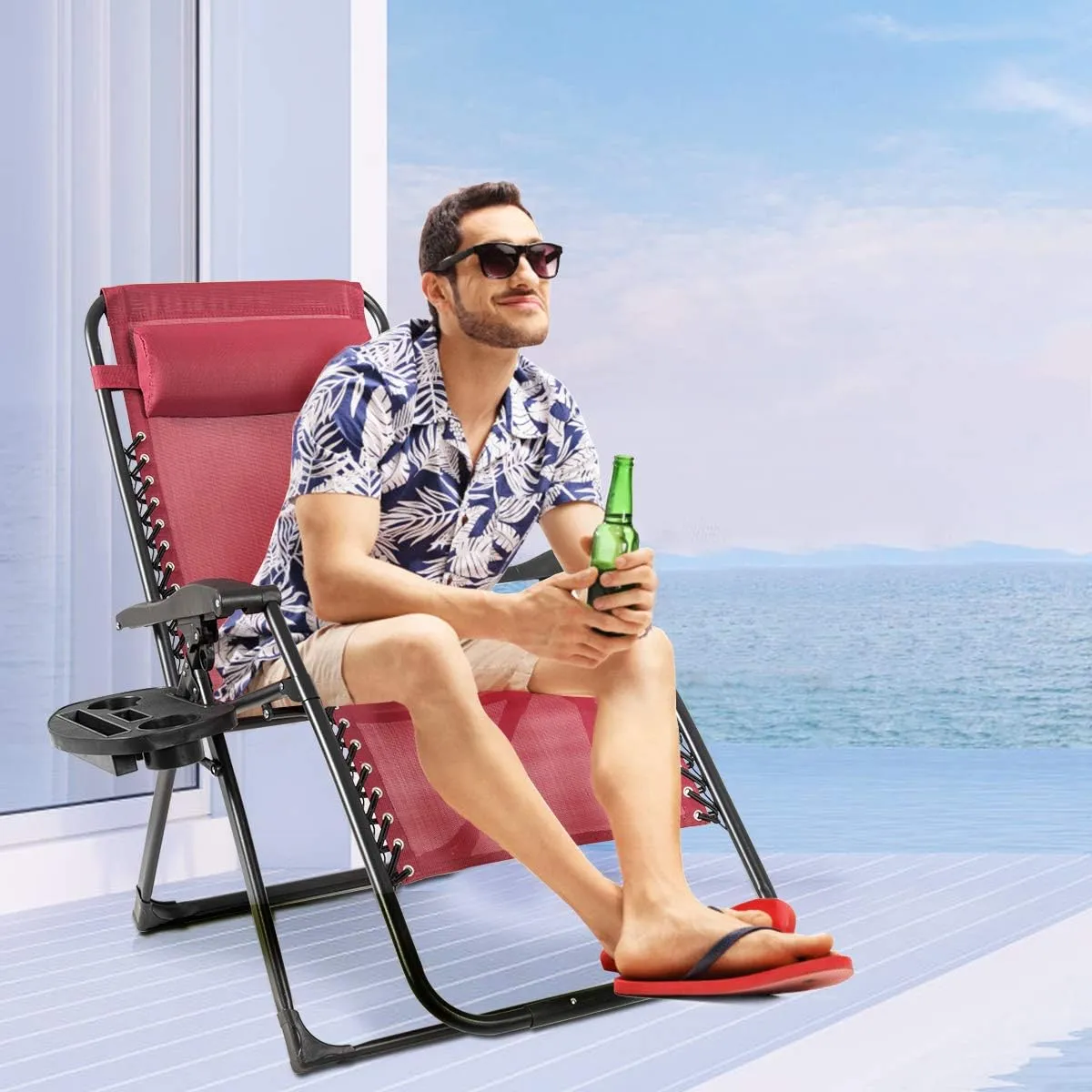Goplus Oversized Zero Gravity Chair, XL-Extended Version, Outdoor Recliner w/Cup Holder & Detachable Headrest, Foldable Mesh Lounge Chairs for Patio Pool Porch & Deck, 500LBS (Wine)
