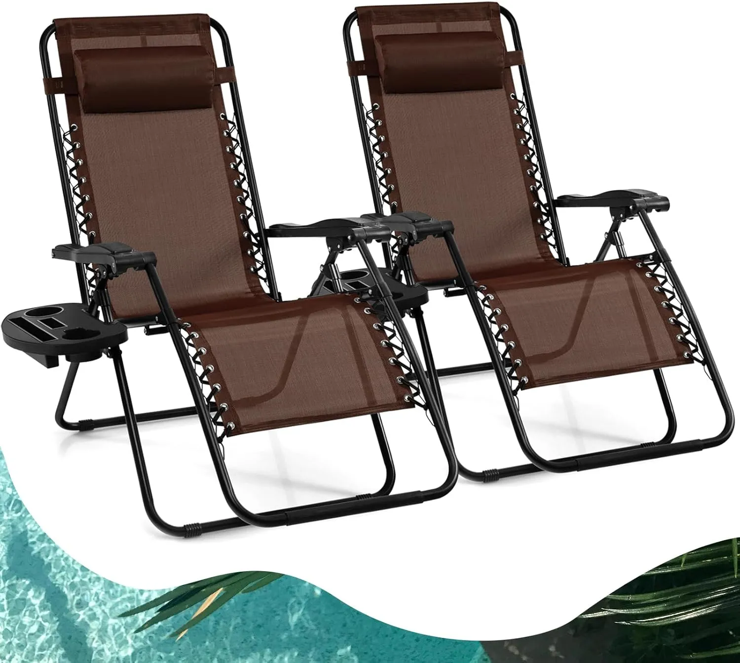 Goplus Zero Gravity Lounge Chairs, 160°Adjustable Folding Recliner w/Pillow and Cup Holder, 350LBS Comfy Outdoor Lounge Chairs for Patio, Lawn, Yard & Camp(Set of 2, Brown)