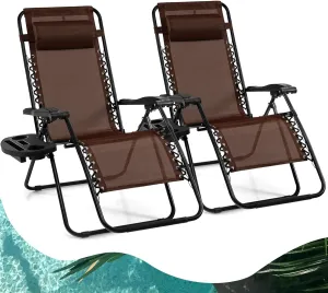 Goplus Zero Gravity Lounge Chairs, 160°Adjustable Folding Recliner w/Pillow and Cup Holder, 350LBS Comfy Outdoor Lounge Chairs for Patio, Lawn, Yard & Camp(Set of 2, Brown)