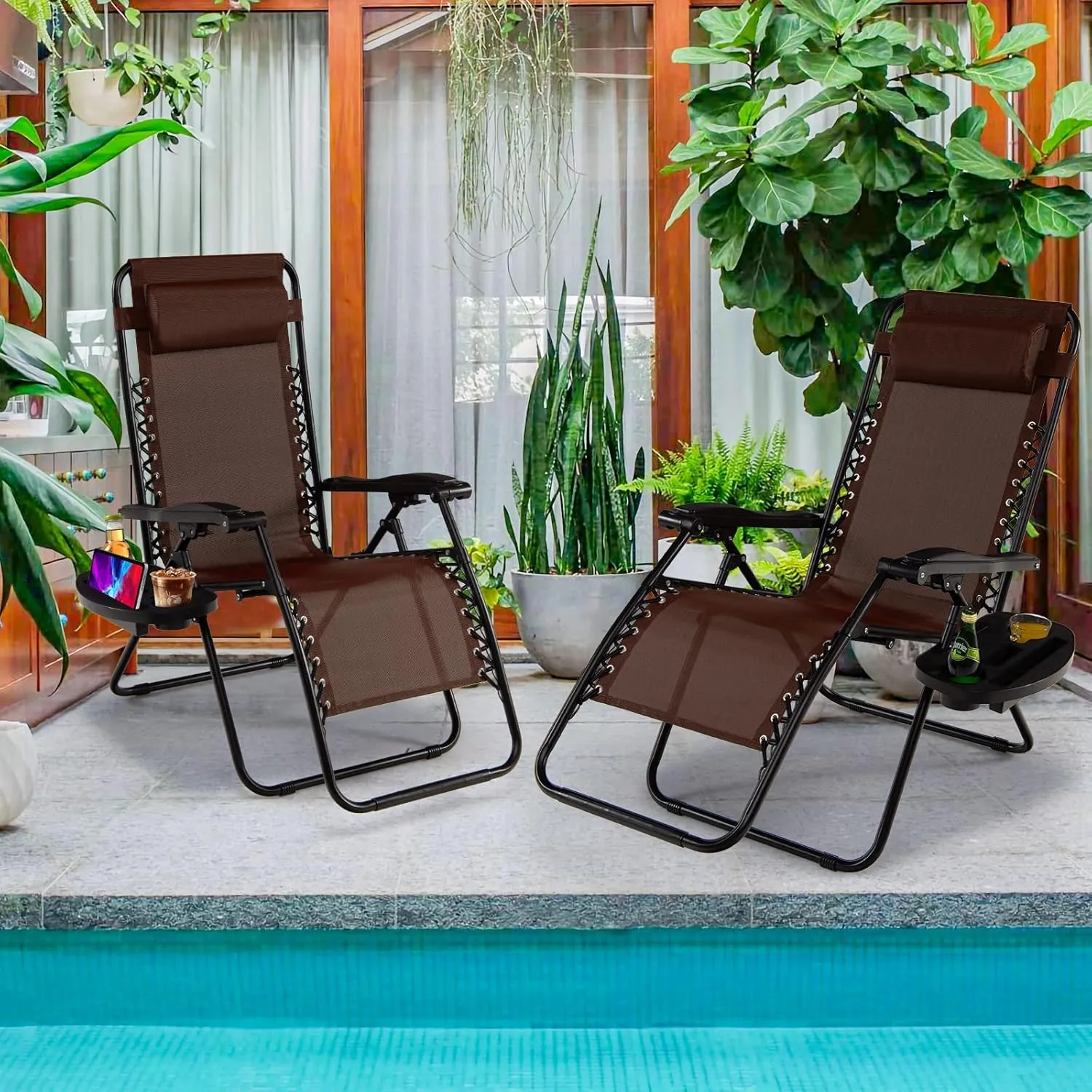 Goplus Zero Gravity Lounge Chairs, 160°Adjustable Folding Recliner w/Pillow and Cup Holder, 350LBS Comfy Outdoor Lounge Chairs for Patio, Lawn, Yard & Camp(Set of 2, Brown)