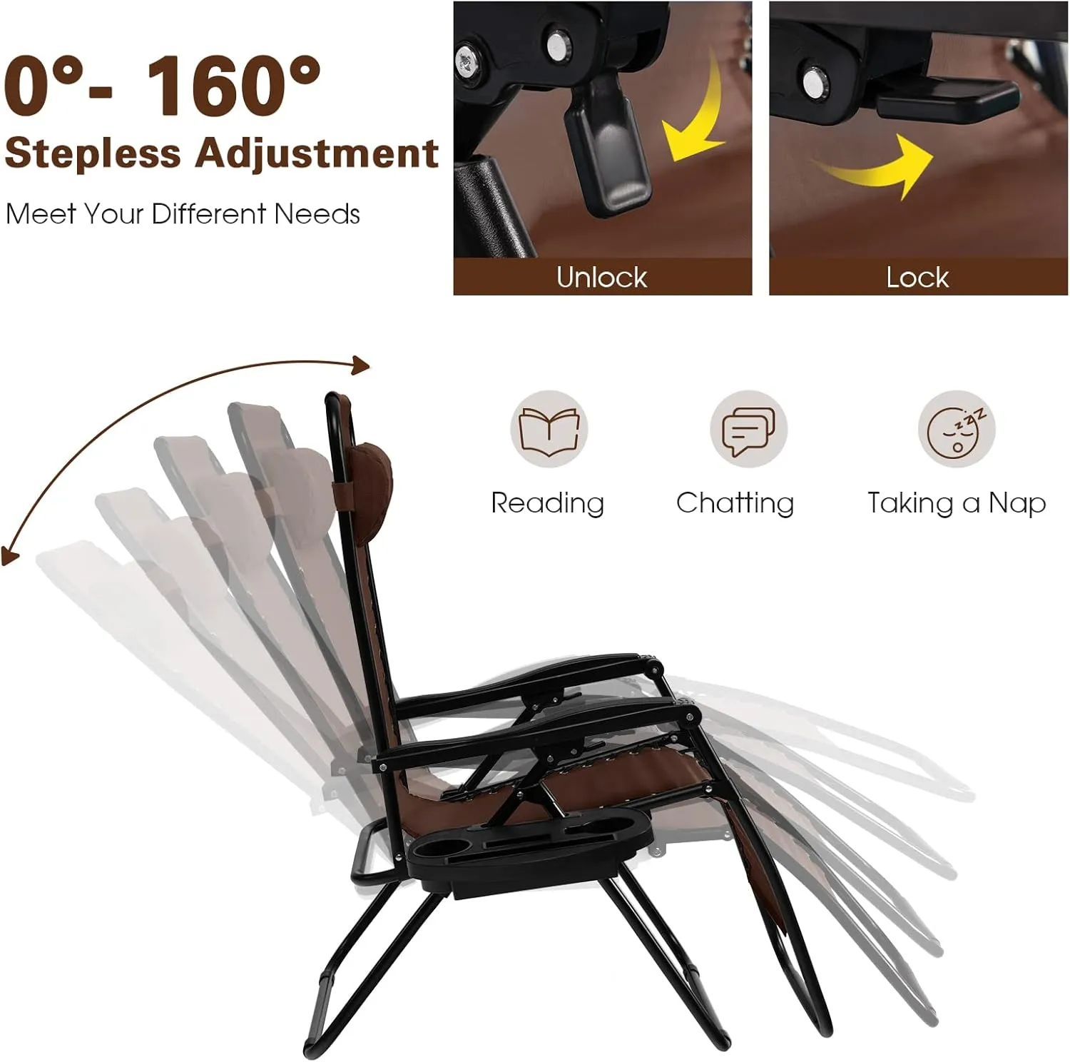 Goplus Zero Gravity Lounge Chairs, 160°Adjustable Folding Recliner w/Pillow and Cup Holder, 350LBS Comfy Outdoor Lounge Chairs for Patio, Lawn, Yard & Camp(Set of 2, Brown)