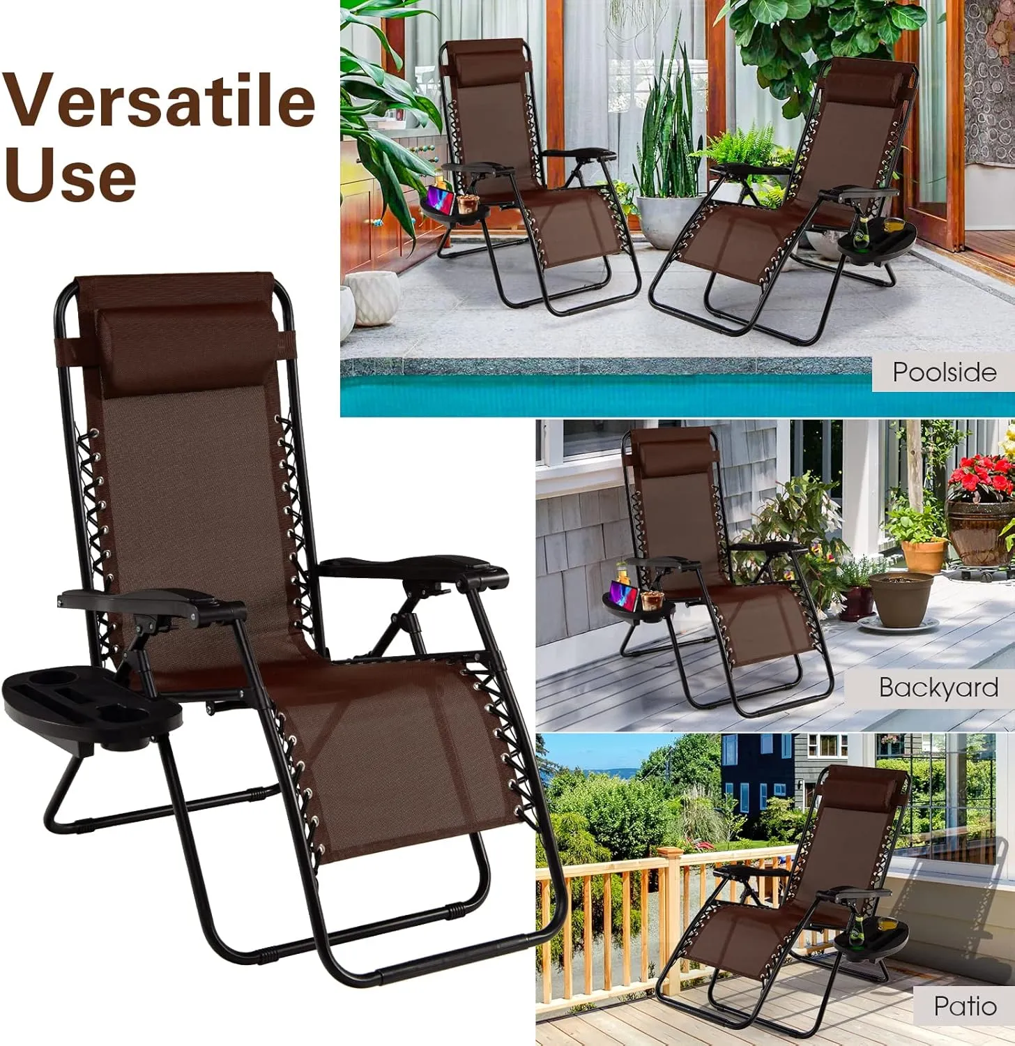 Goplus Zero Gravity Lounge Chairs, 160°Adjustable Folding Recliner w/Pillow and Cup Holder, 350LBS Comfy Outdoor Lounge Chairs for Patio, Lawn, Yard & Camp(Set of 2, Brown)