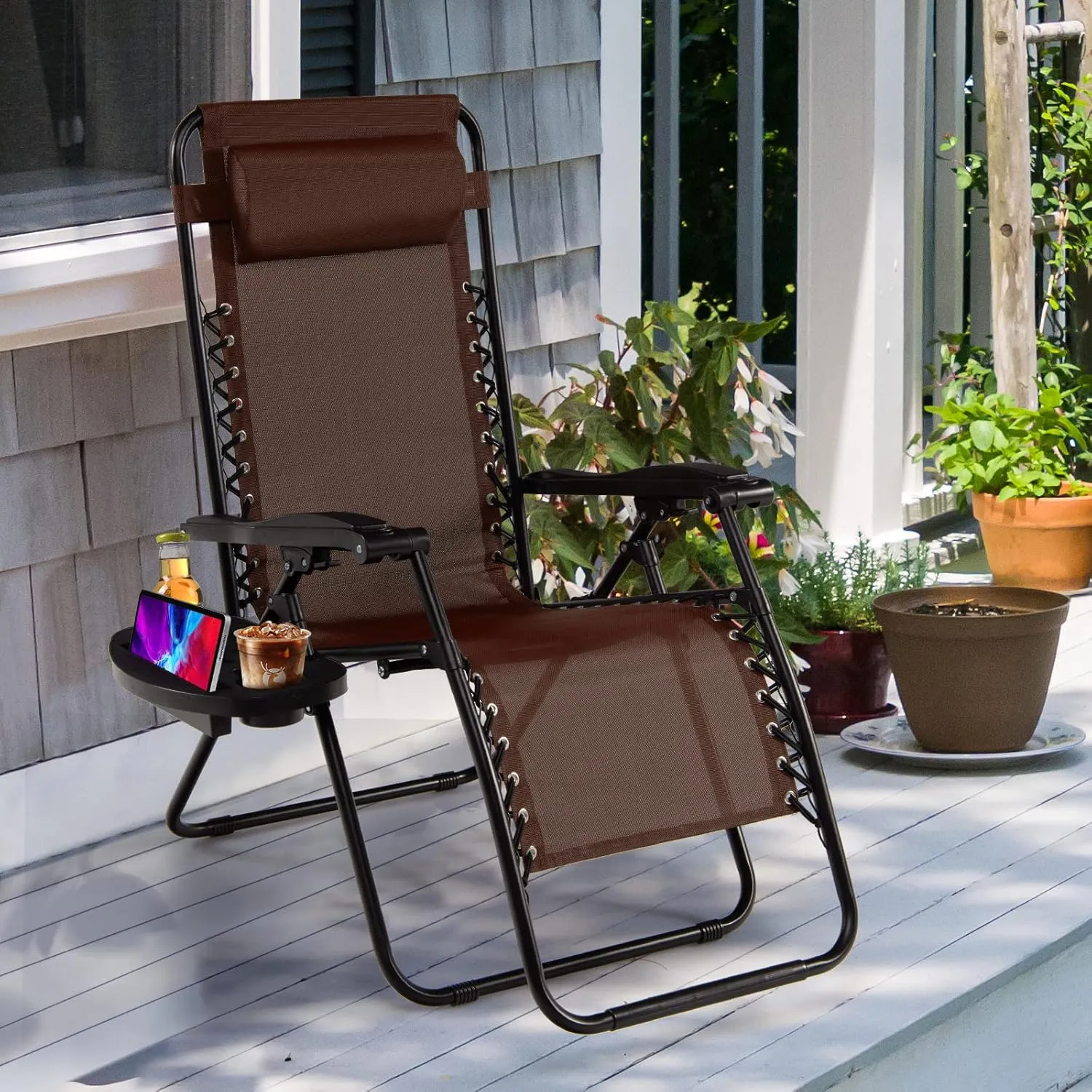 Goplus Zero Gravity Lounge Chairs, 160°Adjustable Folding Recliner w/Pillow and Cup Holder, 350LBS Comfy Outdoor Lounge Chairs for Patio, Lawn, Yard & Camp(Set of 2, Brown)