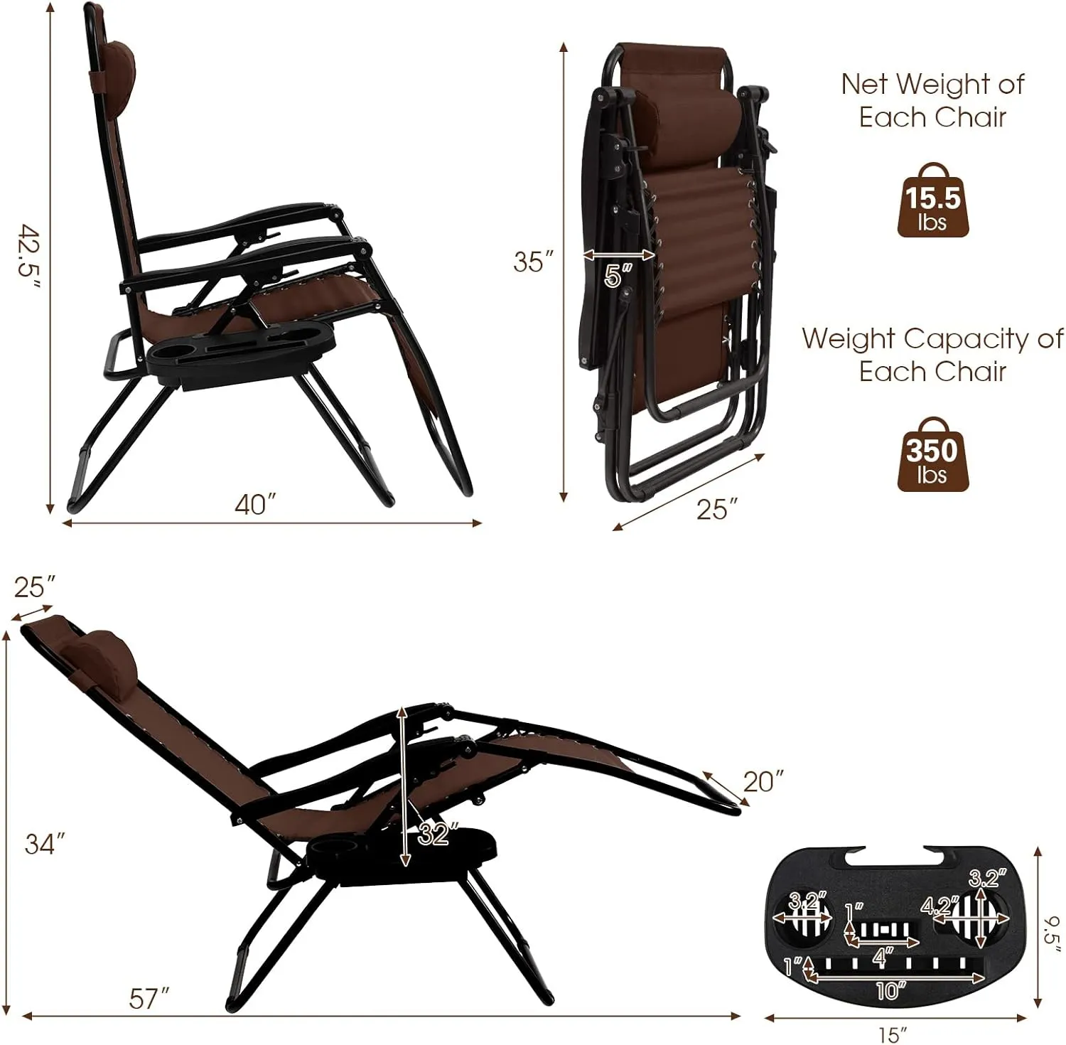 Goplus Zero Gravity Lounge Chairs, 160°Adjustable Folding Recliner w/Pillow and Cup Holder, 350LBS Comfy Outdoor Lounge Chairs for Patio, Lawn, Yard & Camp(Set of 2, Brown)