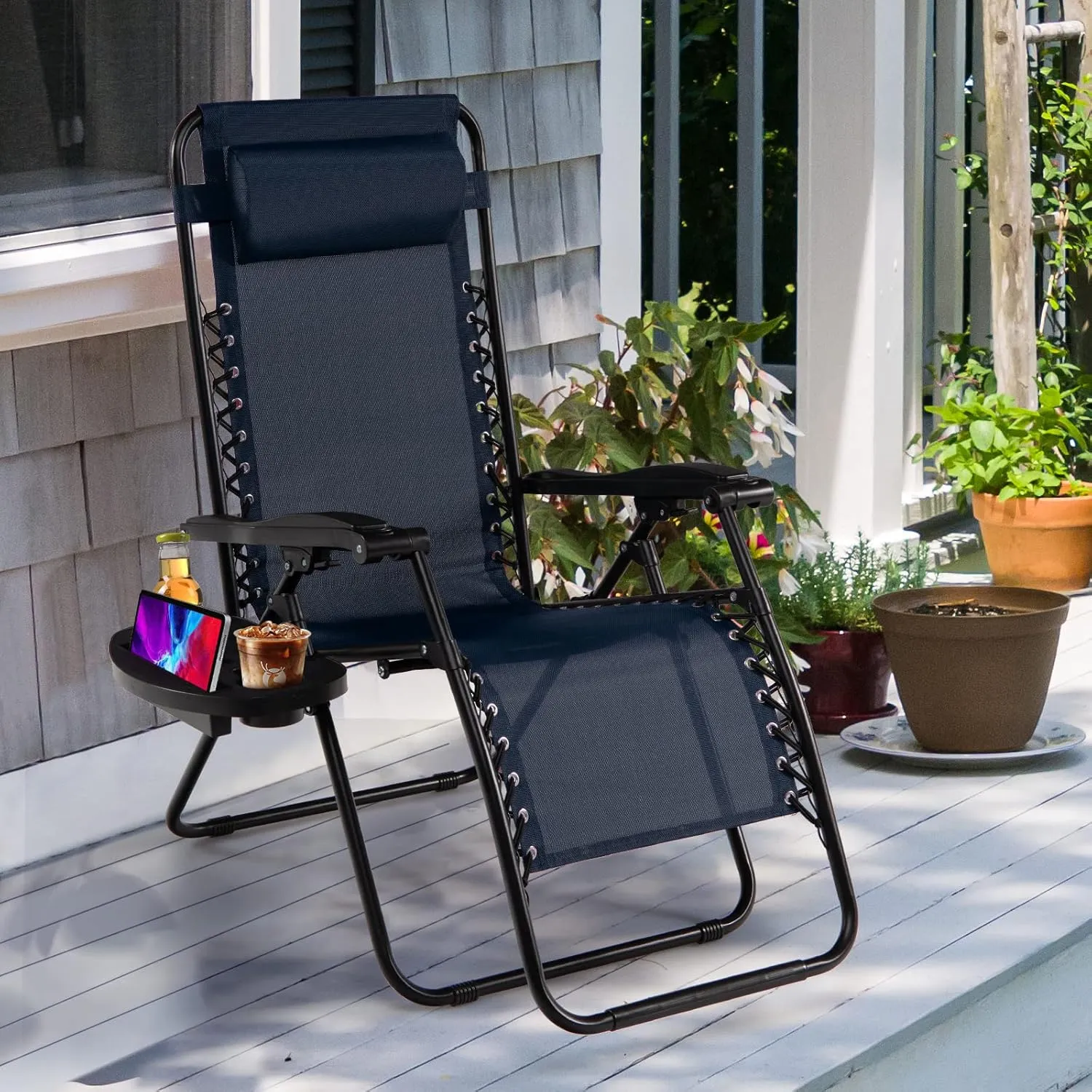 Goplus Zero Gravity Lounge Chairs, 160°Adjustable Folding Recliner w/Pillow and Cup Holder, 350LBS Comfy Outdoor Lounge Chairs for Patio, Lawn, Yard & Camp(Set of 2, Navy)
