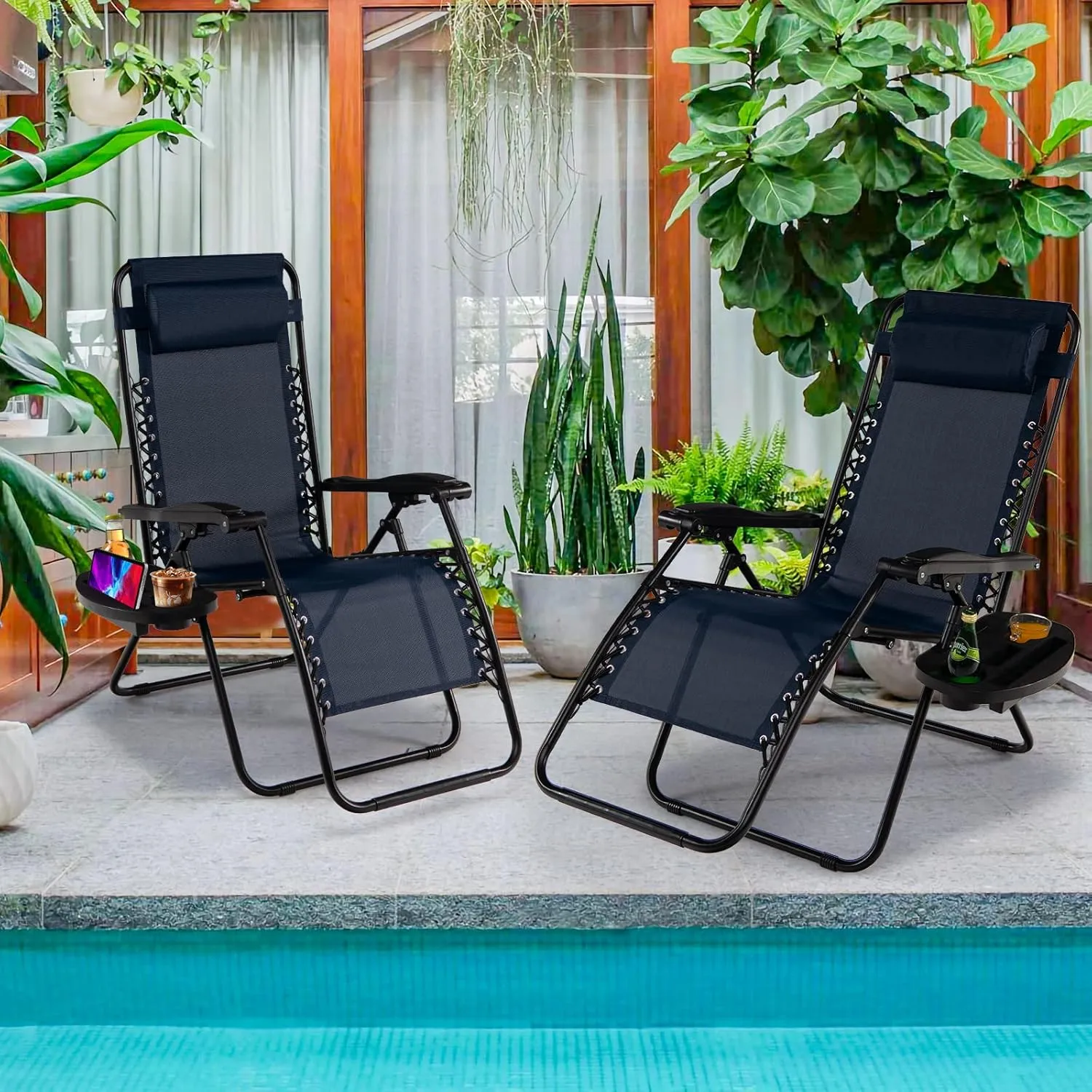 Goplus Zero Gravity Lounge Chairs, 160°Adjustable Folding Recliner w/Pillow and Cup Holder, 350LBS Comfy Outdoor Lounge Chairs for Patio, Lawn, Yard & Camp(Set of 2, Navy)