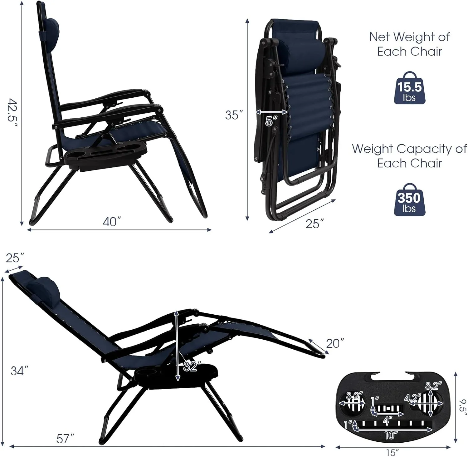 Goplus Zero Gravity Lounge Chairs, 160°Adjustable Folding Recliner w/Pillow and Cup Holder, 350LBS Comfy Outdoor Lounge Chairs for Patio, Lawn, Yard & Camp(Set of 2, Navy)