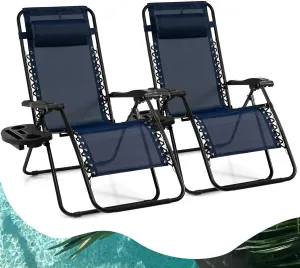 Goplus Zero Gravity Lounge Chairs, 160°Adjustable Folding Recliner w/Pillow and Cup Holder, 350LBS Comfy Outdoor Lounge Chairs for Patio, Lawn, Yard & Camp(Set of 2, Navy)