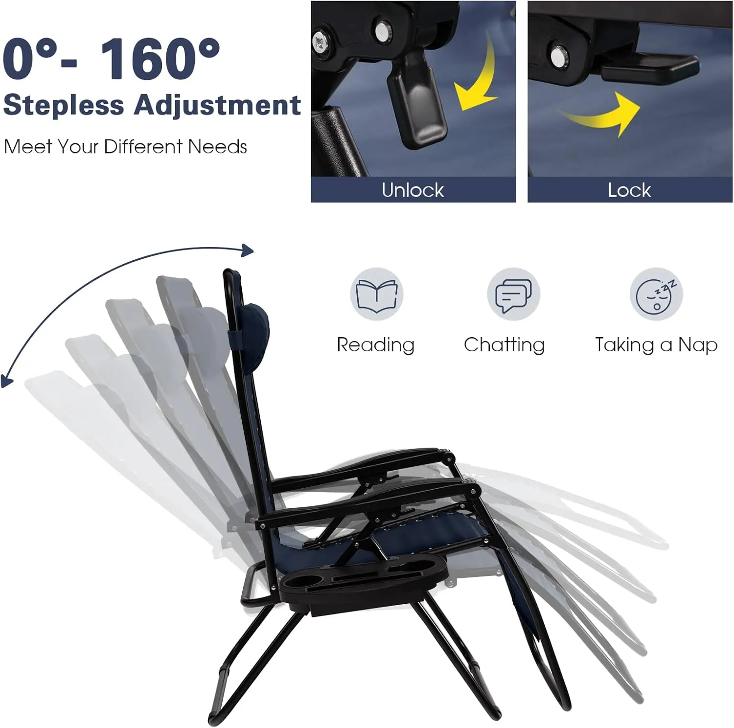 Goplus Zero Gravity Lounge Chairs, 160°Adjustable Folding Recliner w/Pillow and Cup Holder, 350LBS Comfy Outdoor Lounge Chairs for Patio, Lawn, Yard & Camp(Set of 2, Navy)