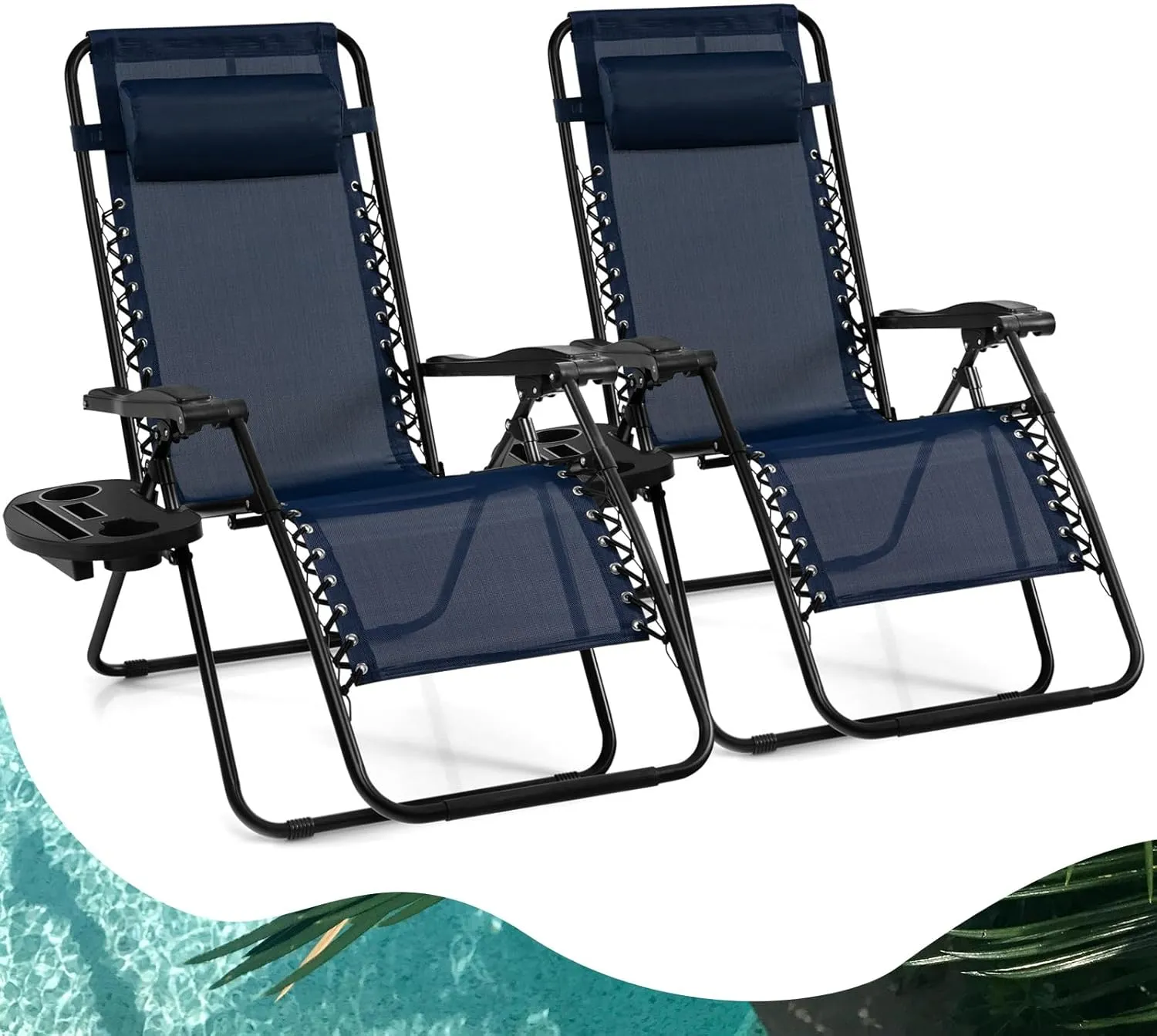 Goplus Zero Gravity Lounge Chairs, 160°Adjustable Folding Recliner w/Pillow and Cup Holder, 350LBS Comfy Outdoor Lounge Chairs for Patio, Lawn, Yard & Camp(Set of 2, Navy)