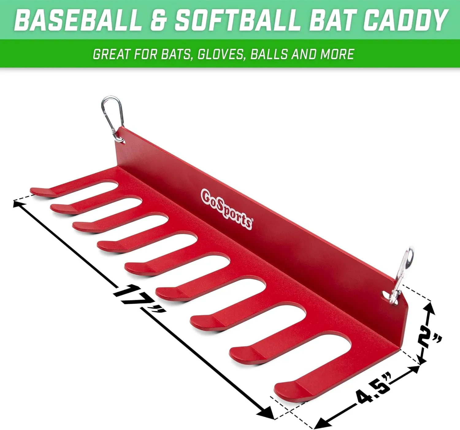 GoSports Baseball & Softball Bat Racks - Black or Red, Holds 16 Bats - Mount on Wall or Clip on Dugout Fence