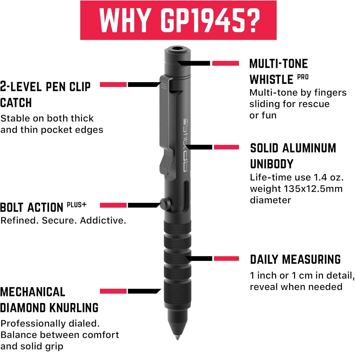 GPCA - GP 1945 Pen LITE, Pen Light Smart Alternative, Refillable EDC Multitool with Multi-Tone Rescue Whistle, Measurement on grip, Survival Gear for Camping, Hiking, Aluminum, Jet Black