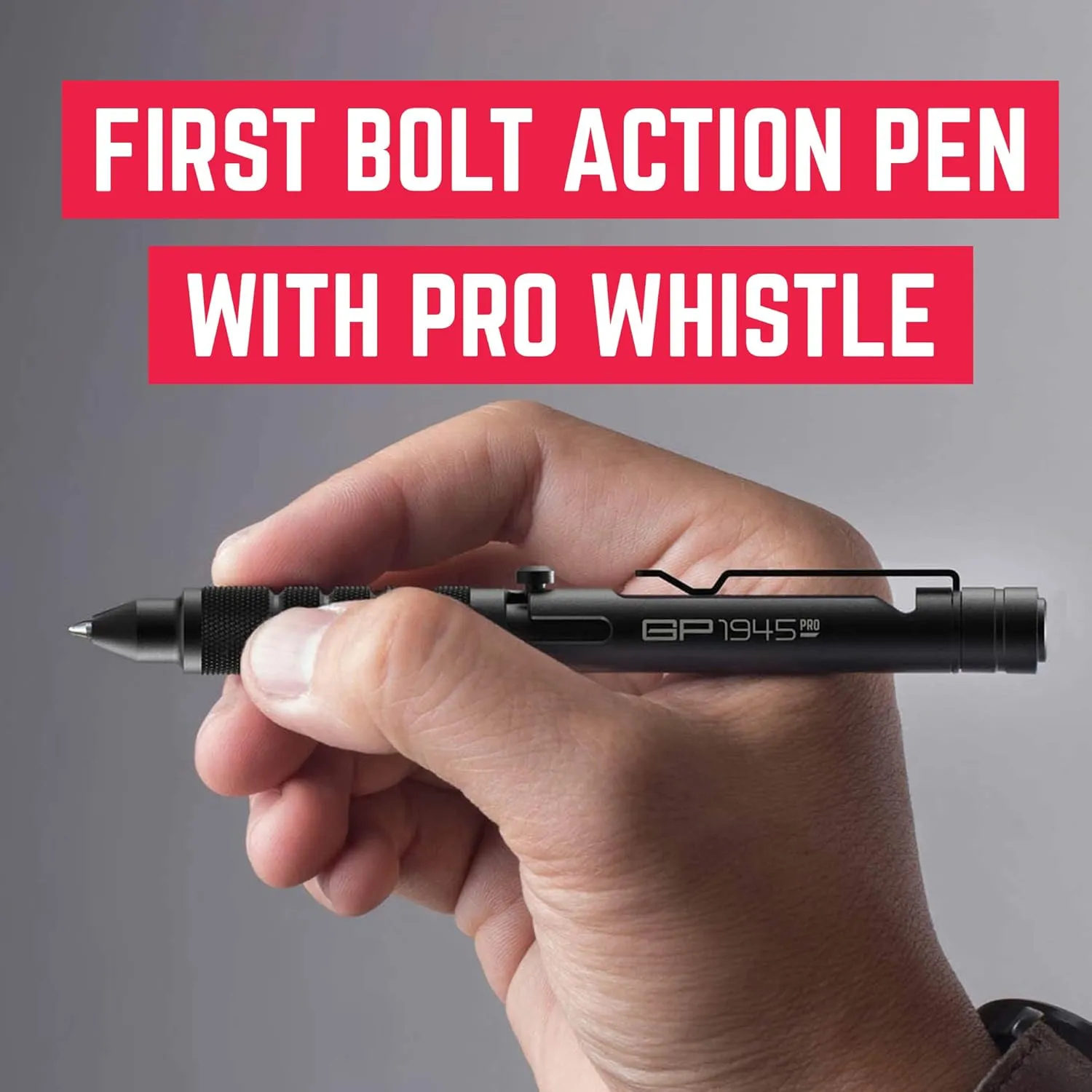 GPCA - GP 1945 Pen LITE, Pen Light Smart Alternative, Refillable EDC Multitool with Multi-Tone Rescue Whistle, Measurement on grip, Survival Gear for Camping, Hiking, Aluminum, Jet Black