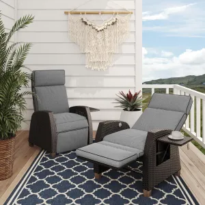 Grand patio Outdoor Reclining Chairs with Extended Footrest Adjustable WickerPatio Lounge Recliner up to 15 with Flip Side Table, Cool Grey